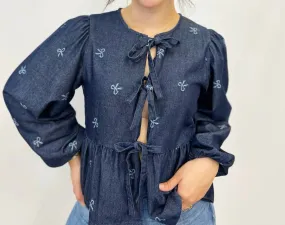 Aaron & Amber - Long Sleeve Tie Front Blouse With Bow Embroidery