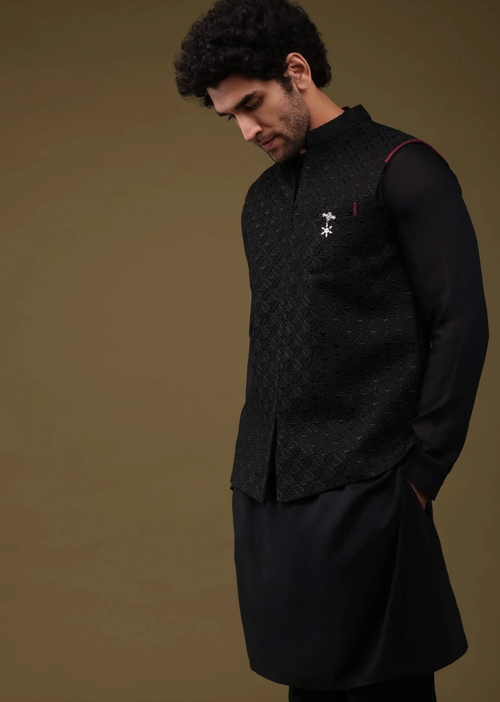 Black Festive Textured Bandi Jacket Set In Art Silk With Thread Embroidery And Front Zip