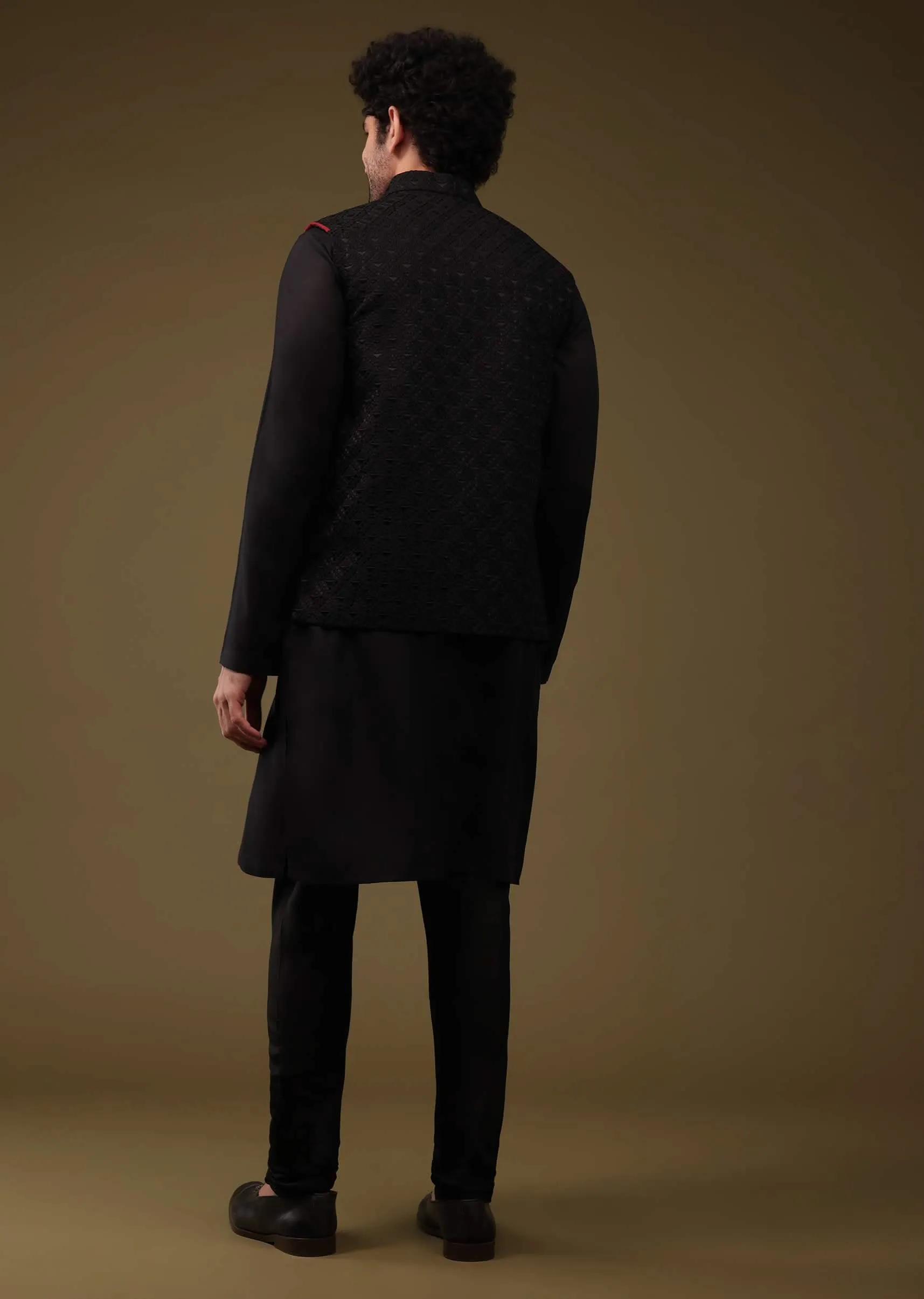 Black Festive Textured Bandi Jacket Set In Art Silk With Thread Embroidery And Front Zip