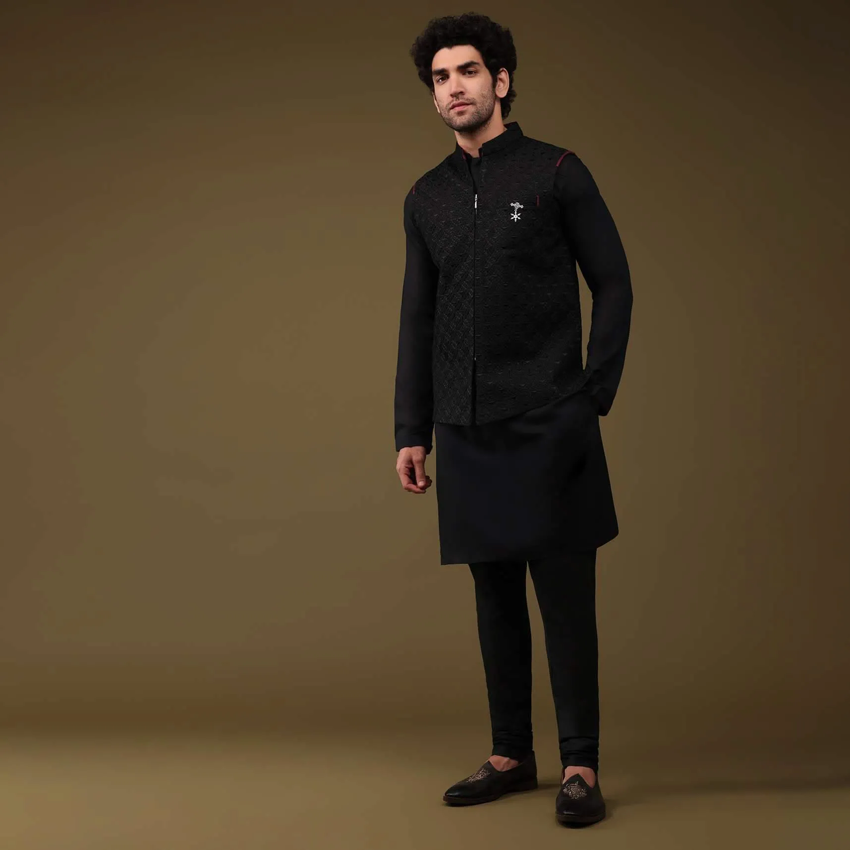 Black Festive Textured Bandi Jacket Set In Art Silk With Thread Embroidery And Front Zip