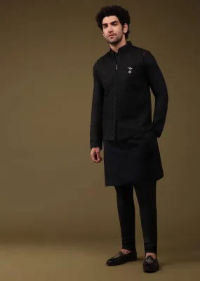 Black Festive Textured Bandi Jacket Set In Art Silk With Thread Embroidery And Front Zip