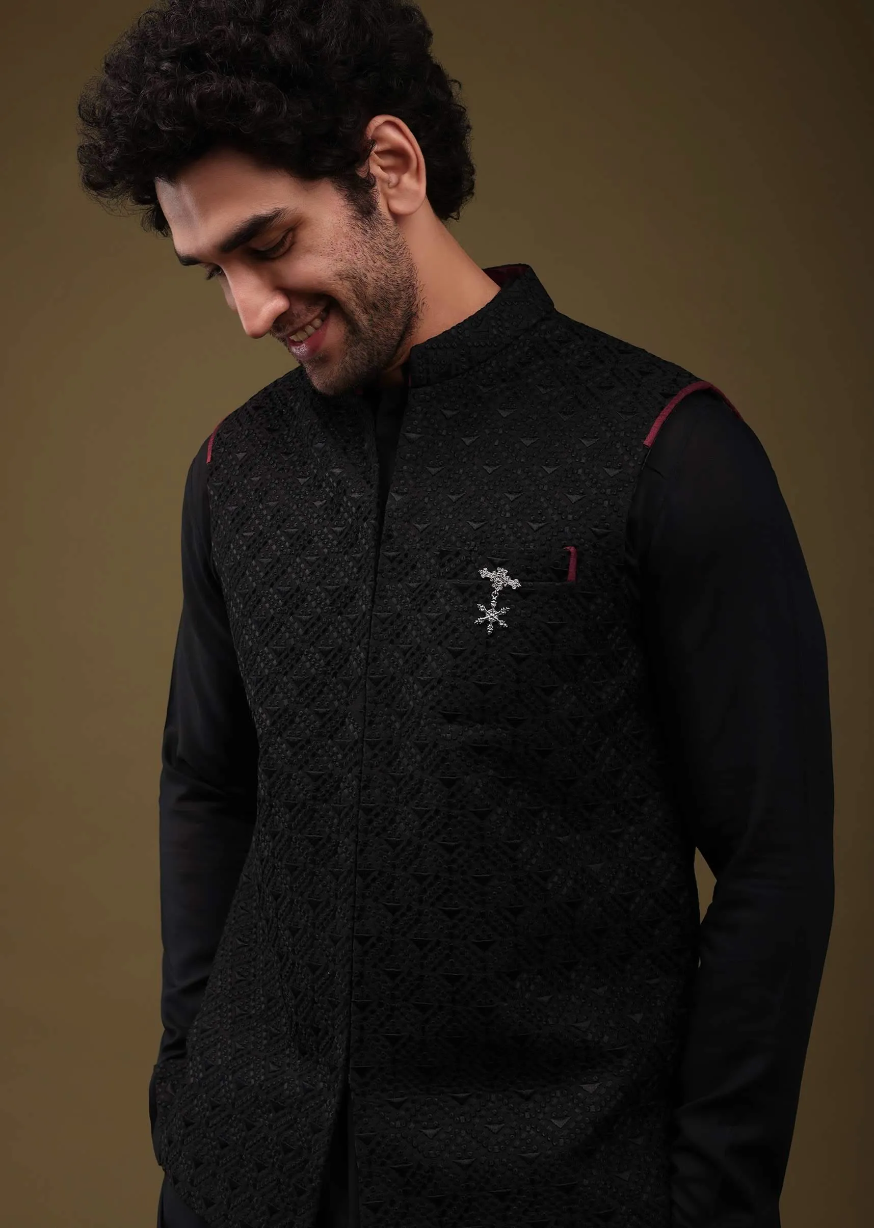 Black Festive Textured Bandi Jacket Set In Art Silk With Thread Embroidery And Front Zip