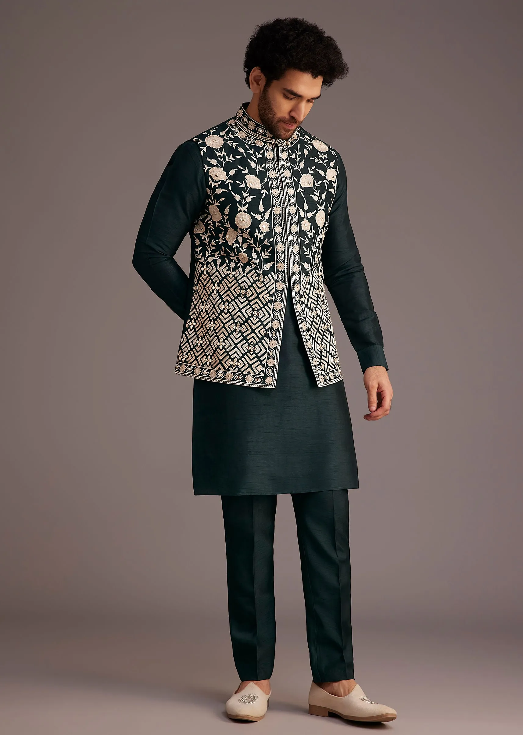 Black Floral Embroidered Jacket Kurta Set