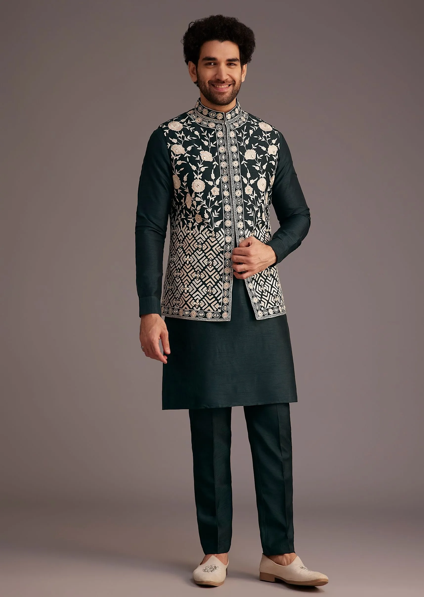 Black Floral Embroidered Jacket Kurta Set