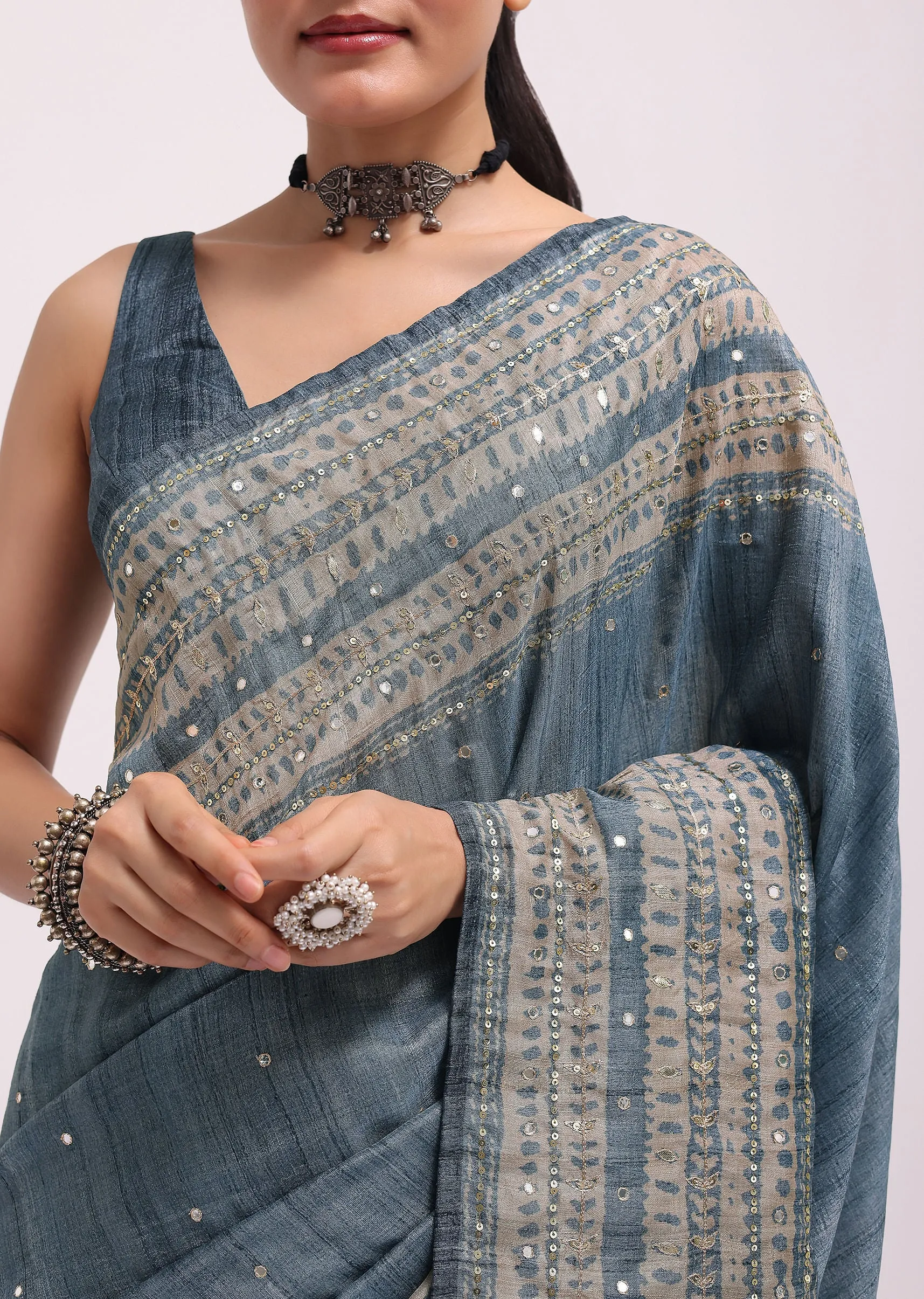 Blue Printed Tussar Silk Embroidered Saree With Unstitched Blouse