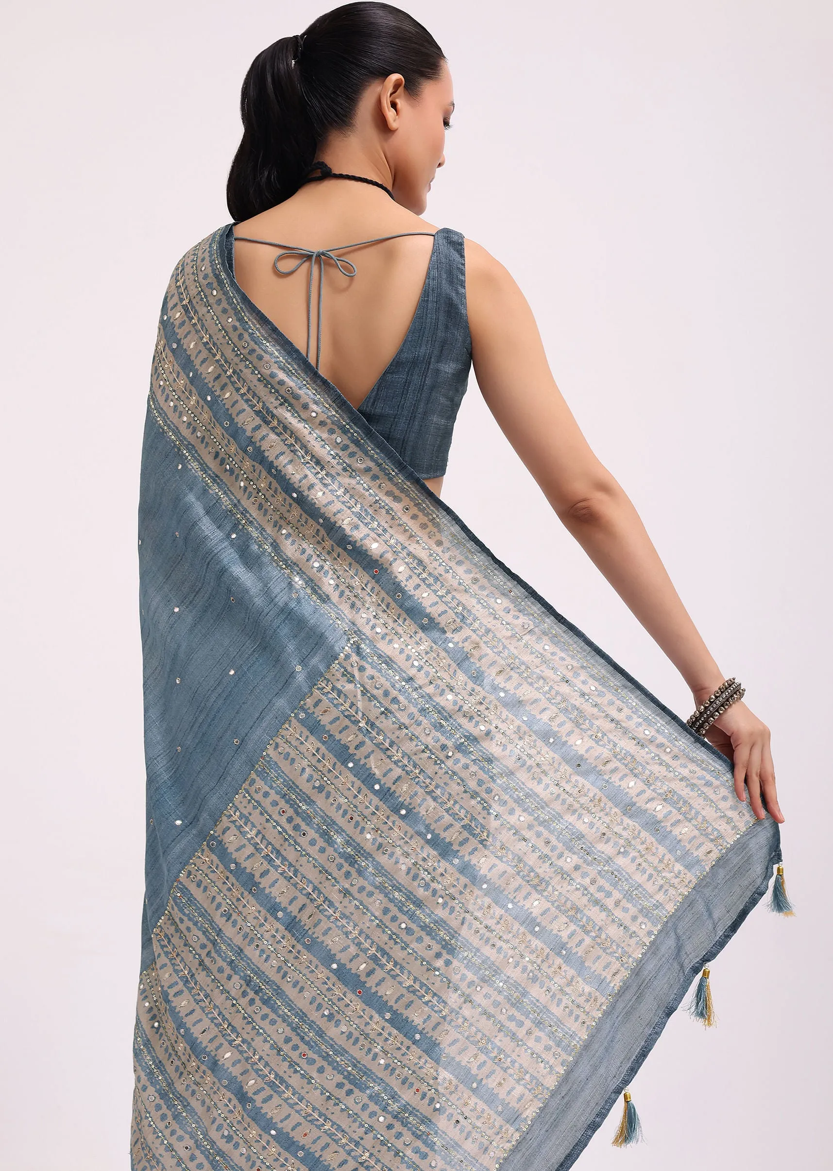 Blue Printed Tussar Silk Embroidered Saree With Unstitched Blouse