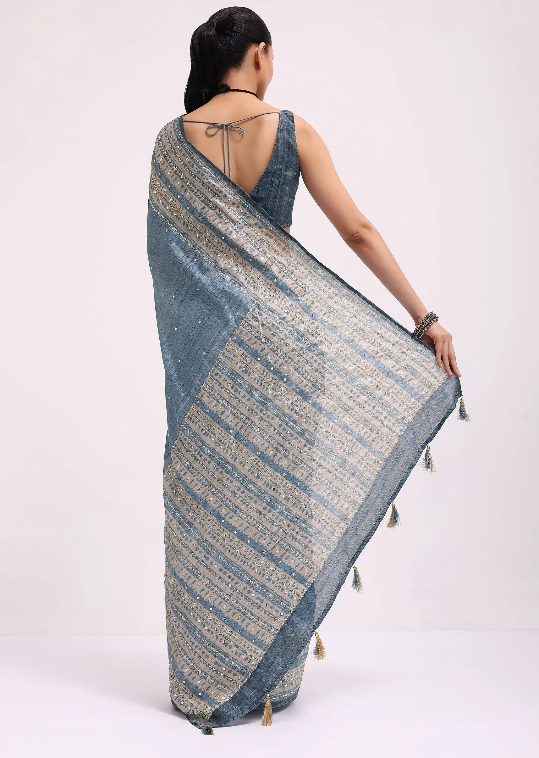 Blue Printed Tussar Silk Embroidered Saree With Unstitched Blouse