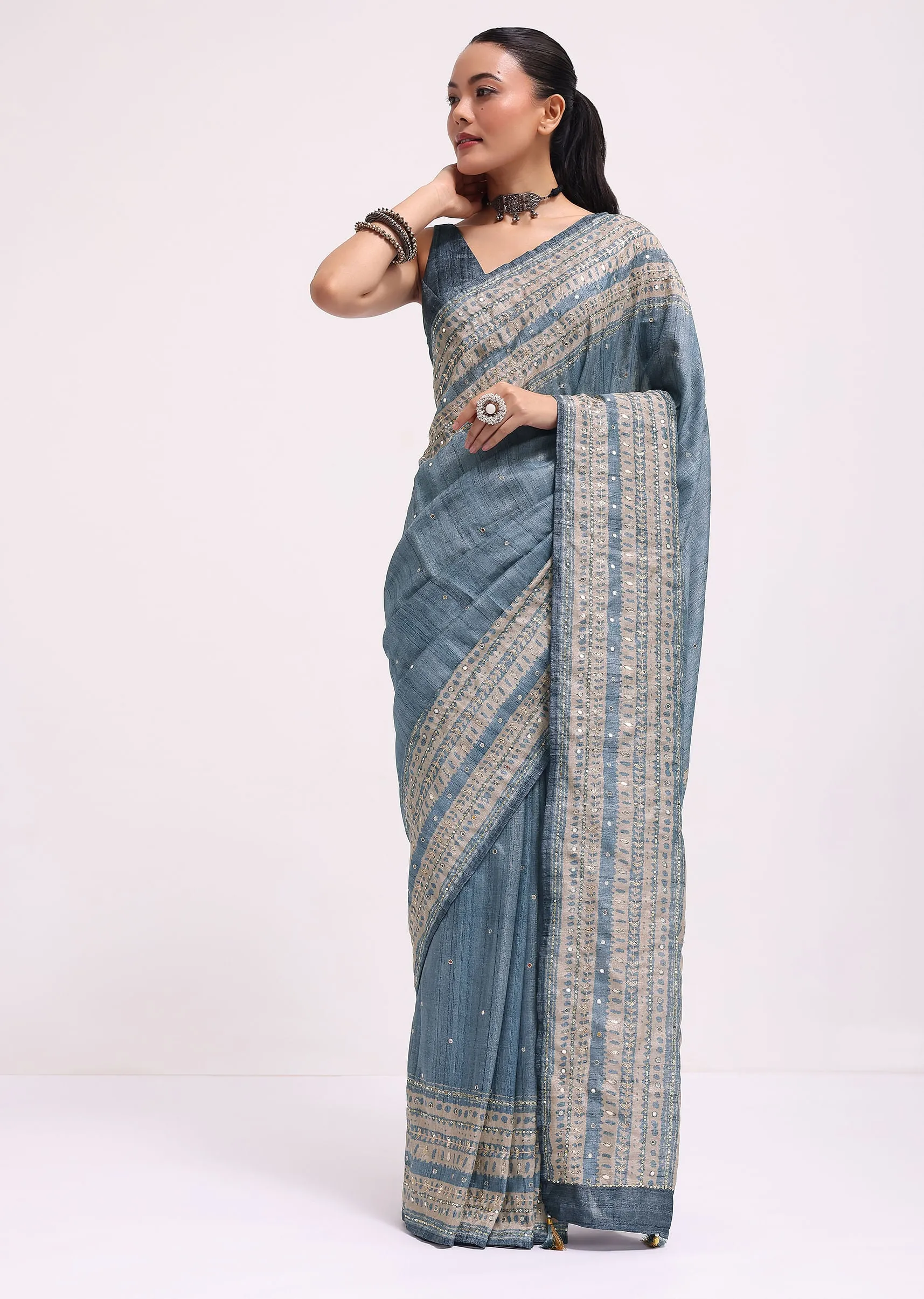 Blue Printed Tussar Silk Embroidered Saree With Unstitched Blouse