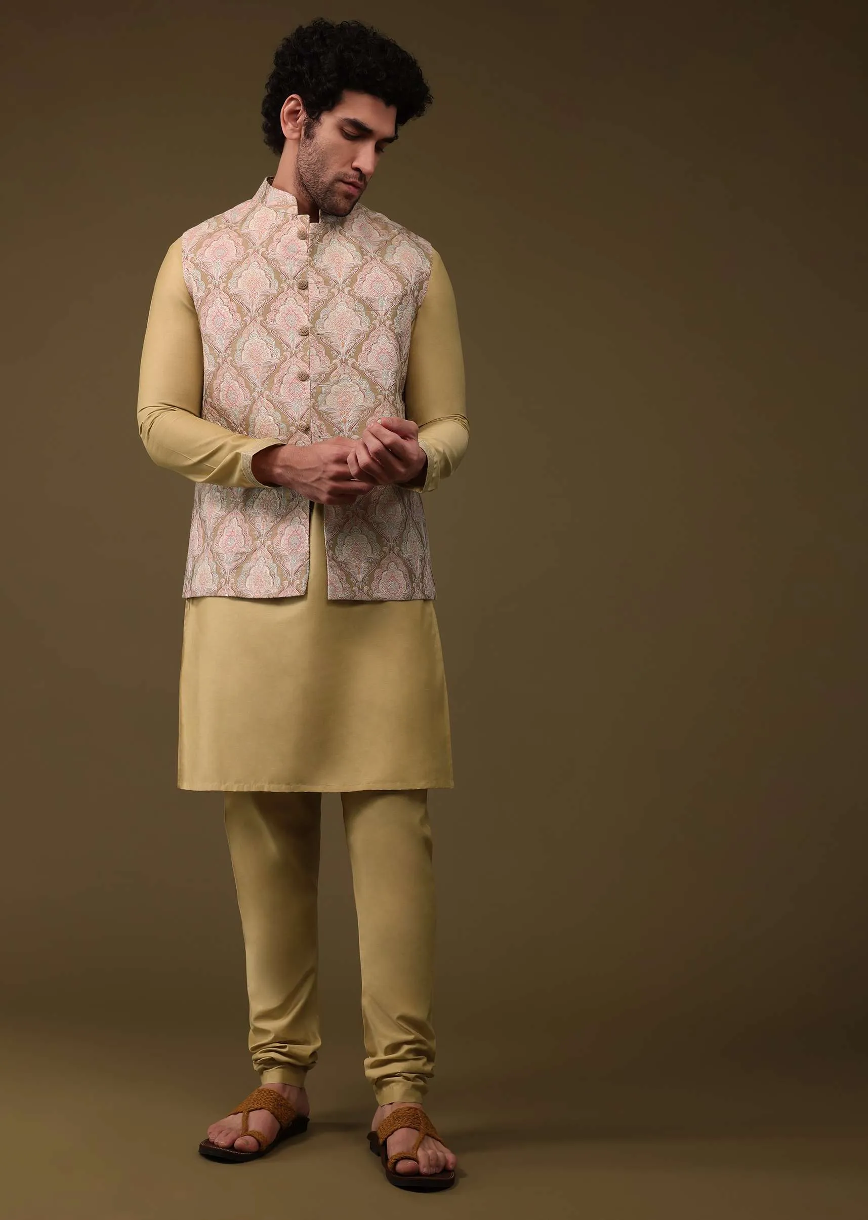 Canary Yellow Festive Bandi Jacket Set In Silk With Embroidery