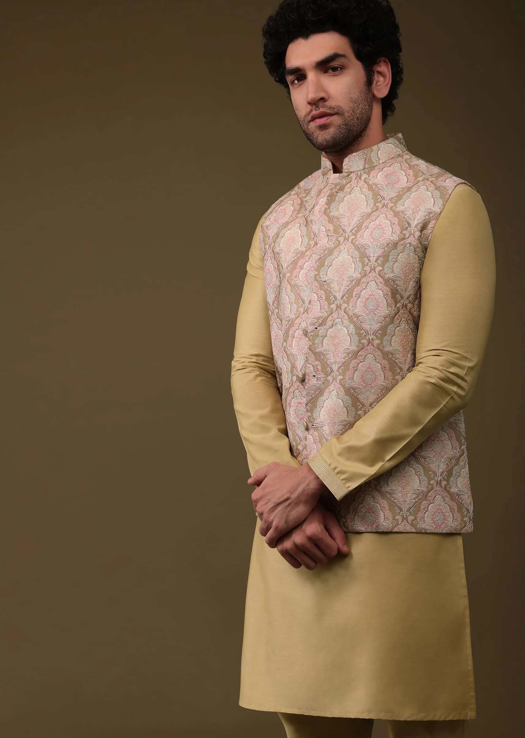 Canary Yellow Festive Bandi Jacket Set In Silk With Embroidery
