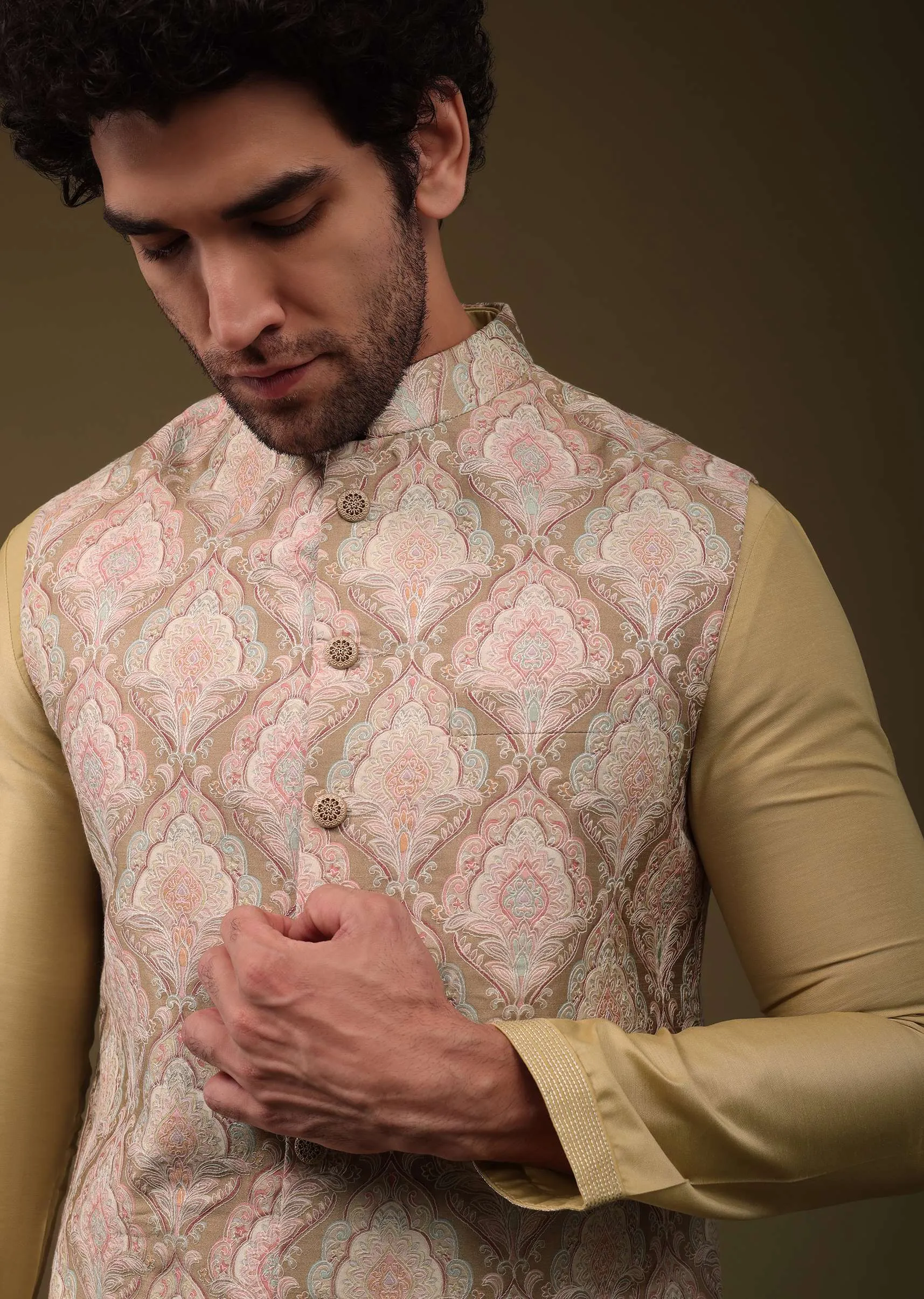 Canary Yellow Festive Bandi Jacket Set In Silk With Embroidery
