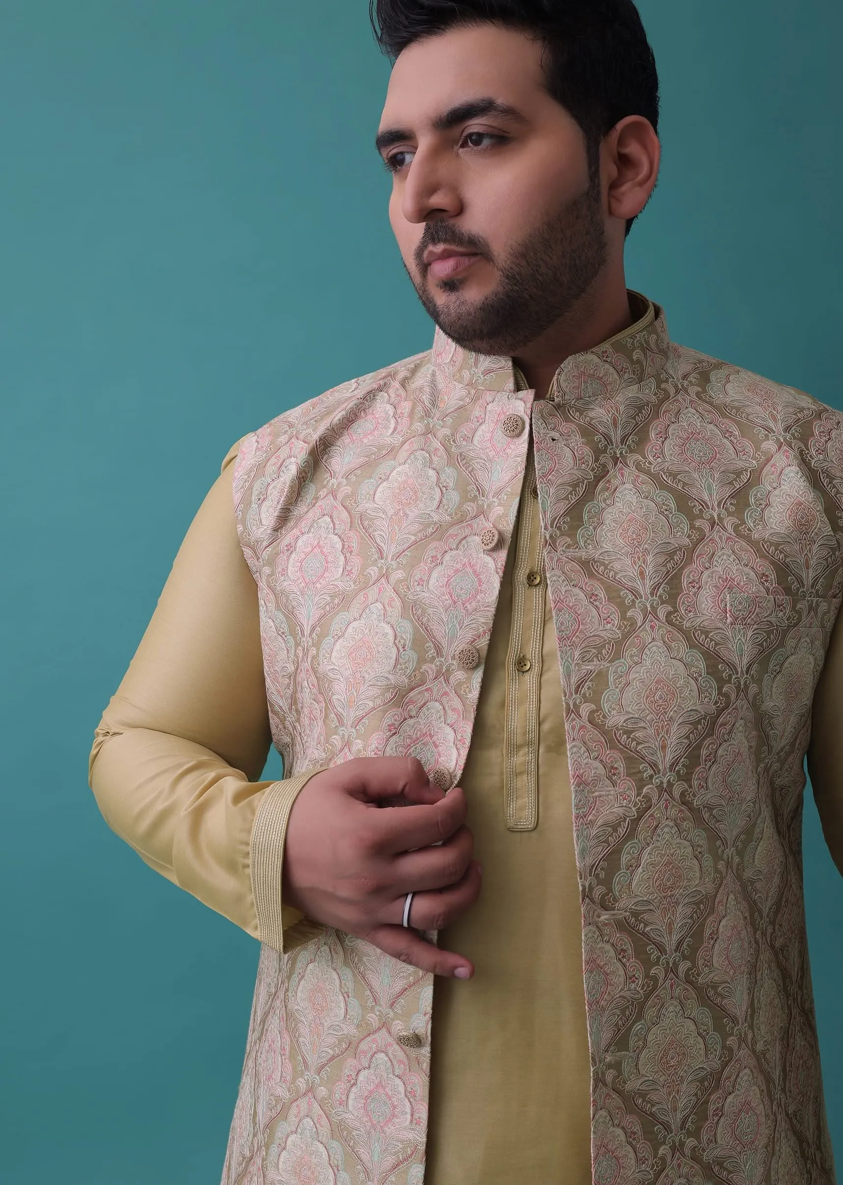 Canary Yellow Festive Bandi Jacket Set In Silk With Embroidery