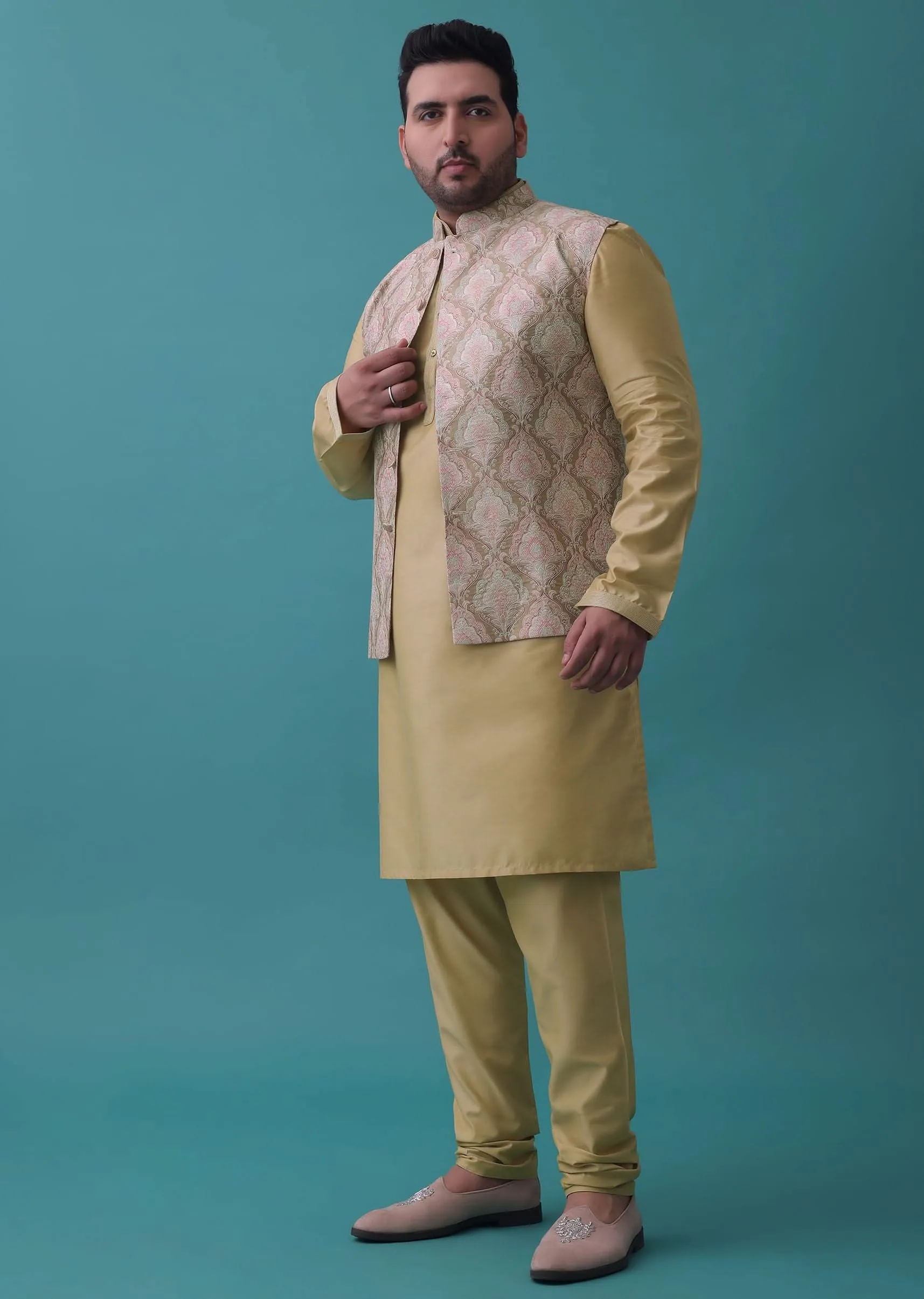 Canary Yellow Festive Bandi Jacket Set In Silk With Embroidery