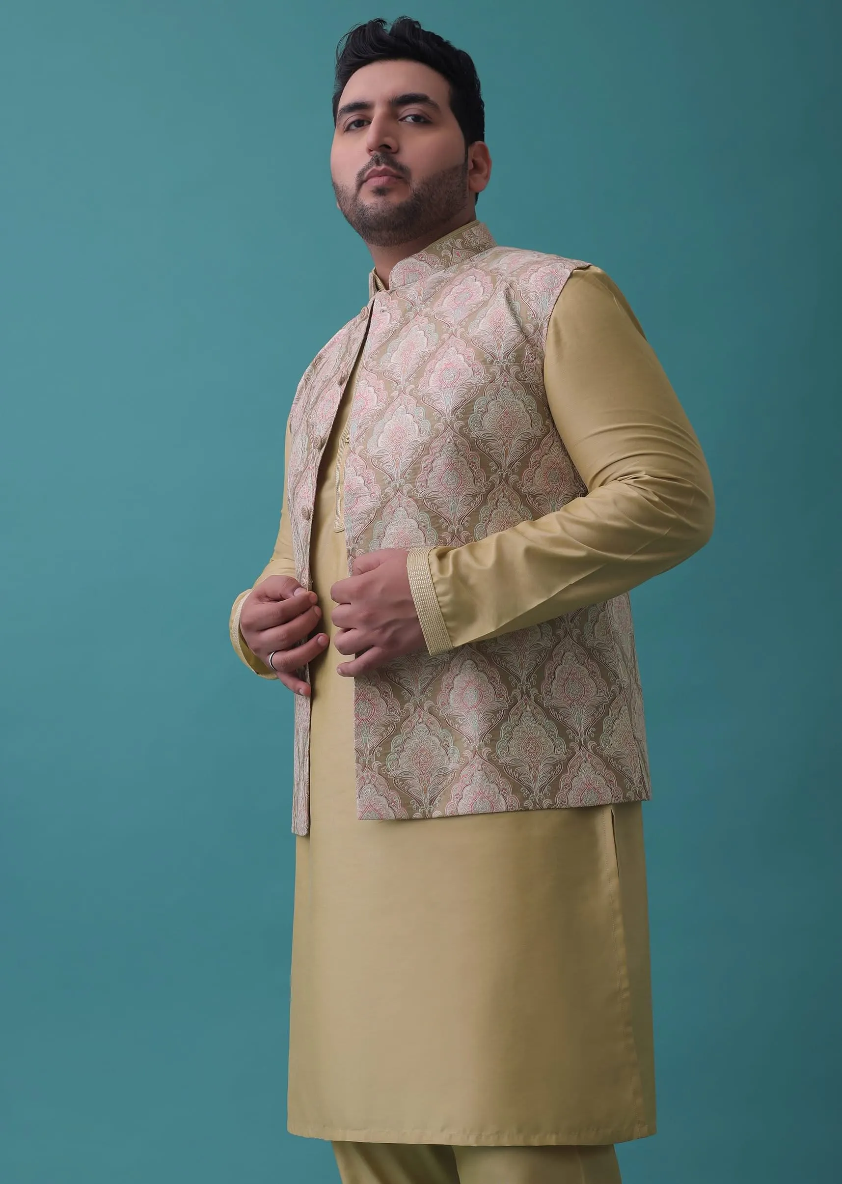 Canary Yellow Festive Bandi Jacket Set In Silk With Embroidery