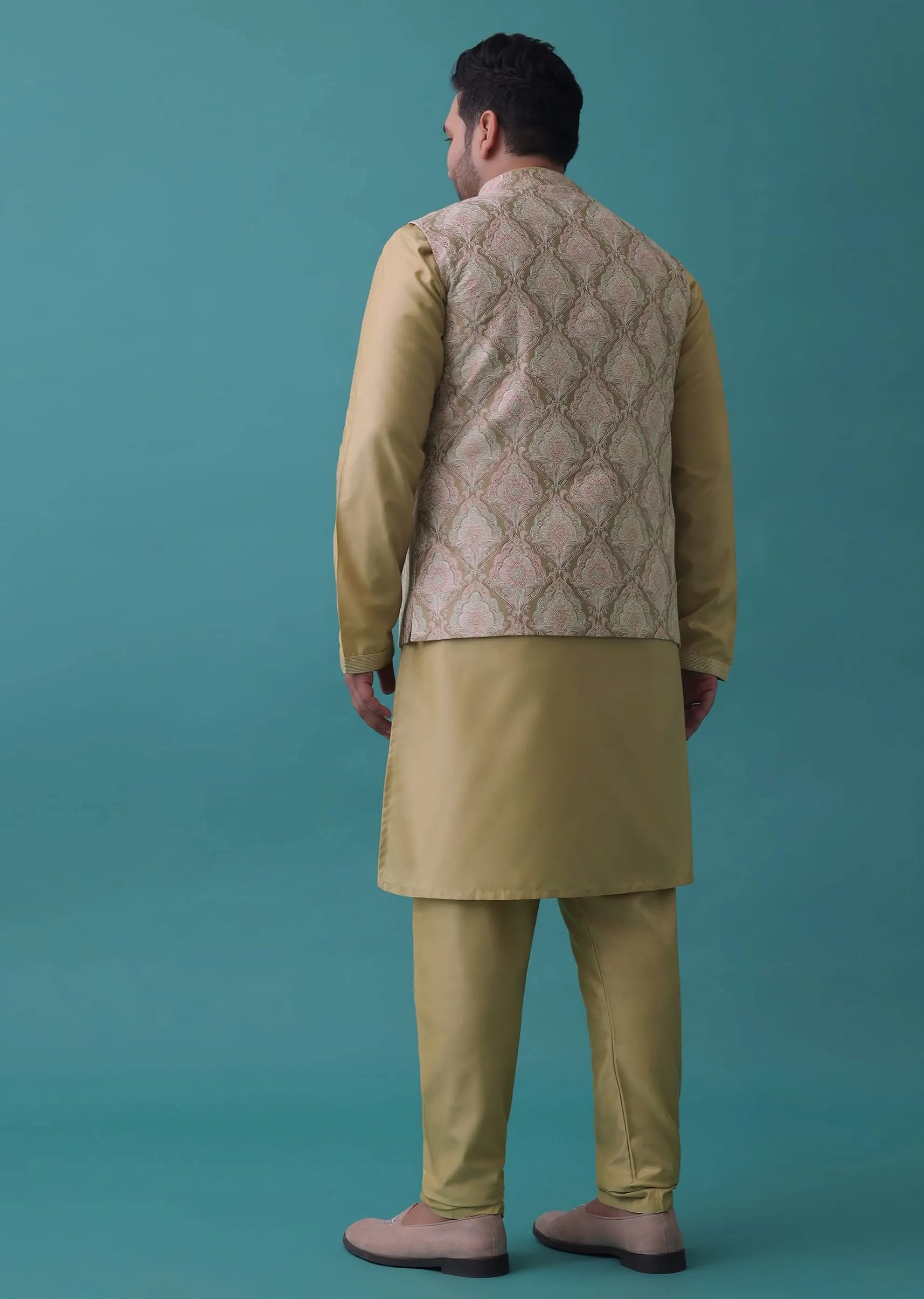 Canary Yellow Festive Bandi Jacket Set In Silk With Embroidery