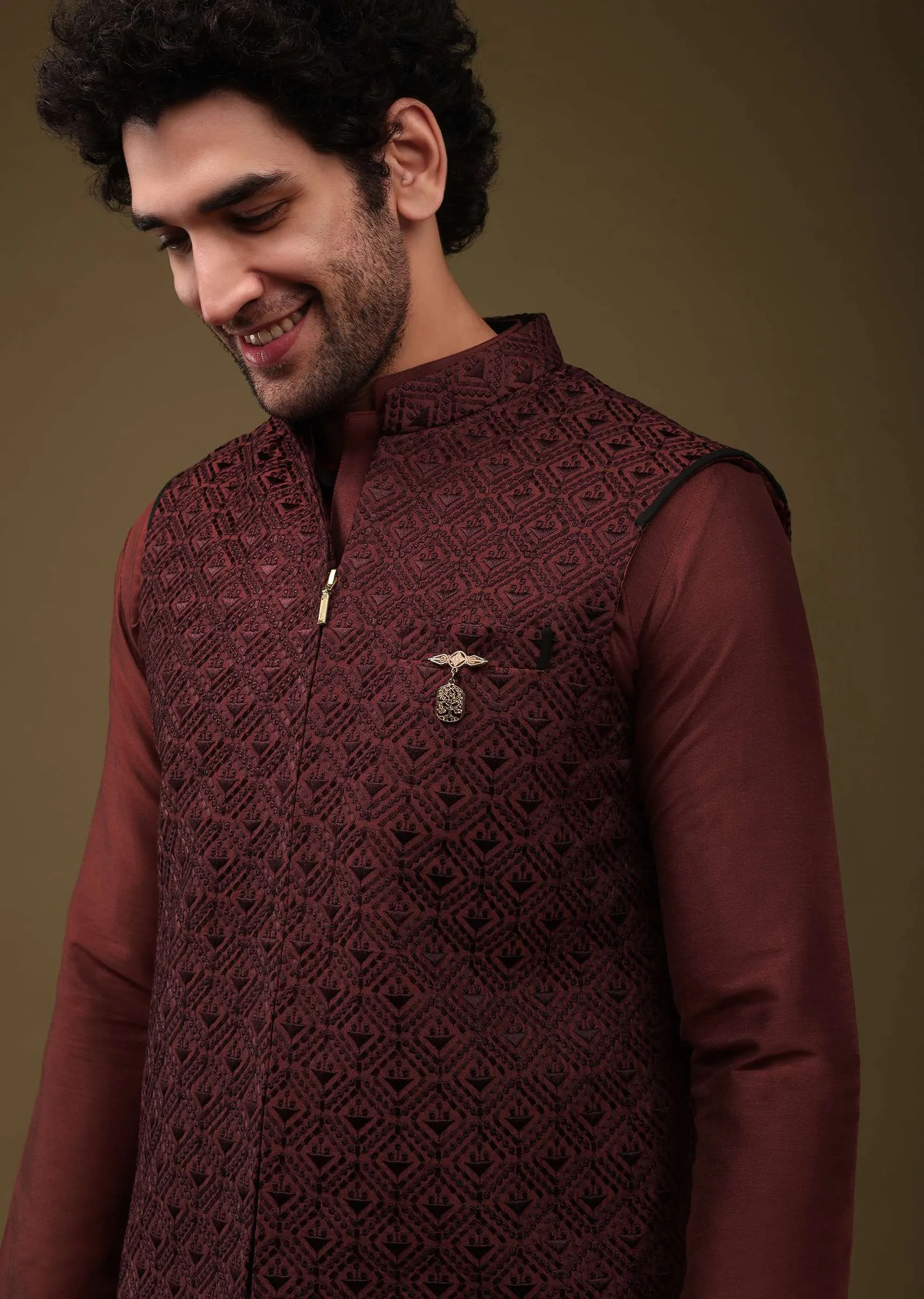 Carmine Red Festive Textured Bandi Jacket Set In Art Silk With Thread Embroidery And Front Zip