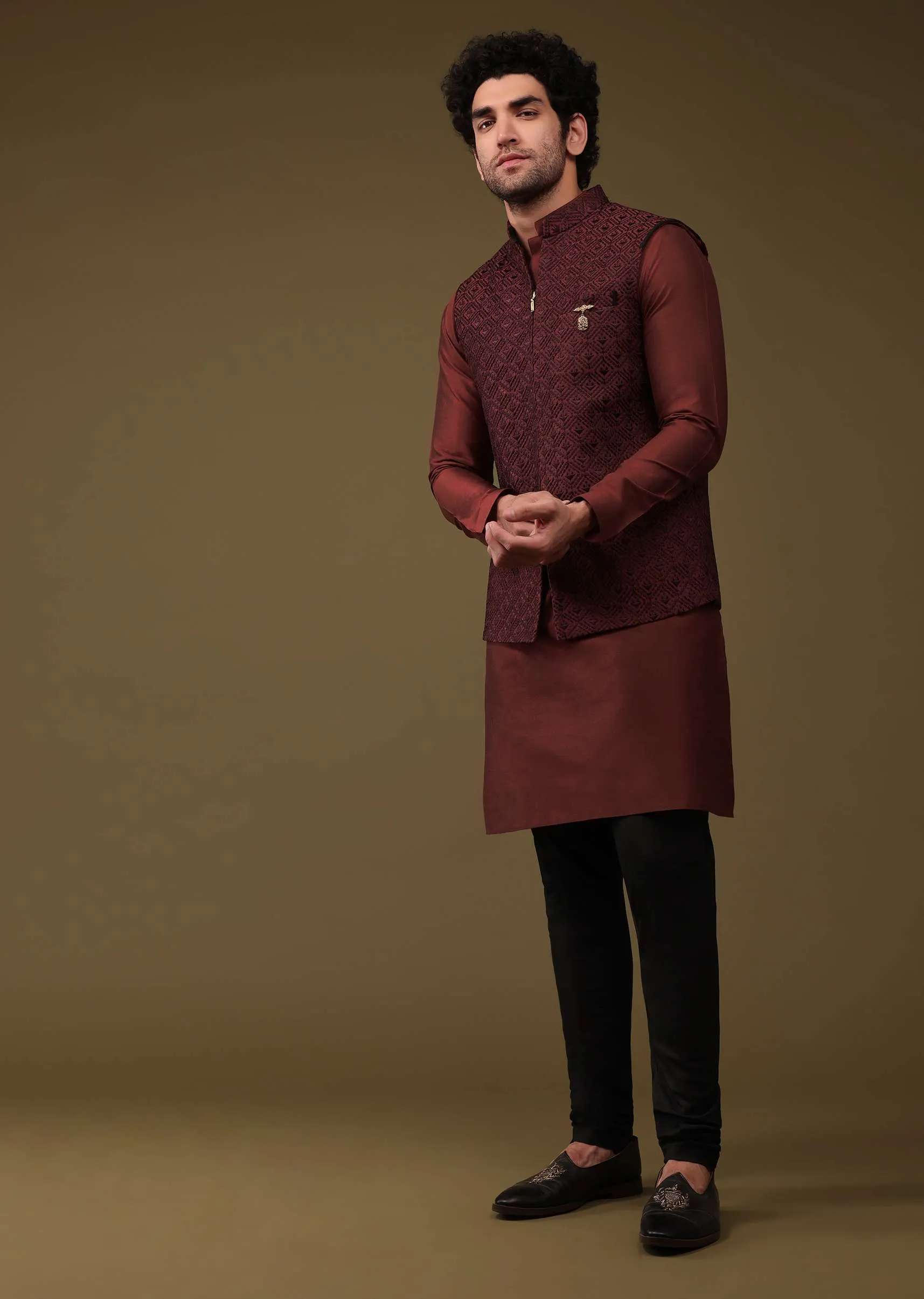 Carmine Red Festive Textured Bandi Jacket Set In Art Silk With Thread Embroidery And Front Zip