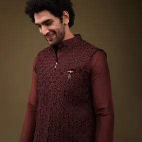 Carmine Red Festive Textured Bandi Jacket Set In Art Silk With Thread Embroidery And Front Zip