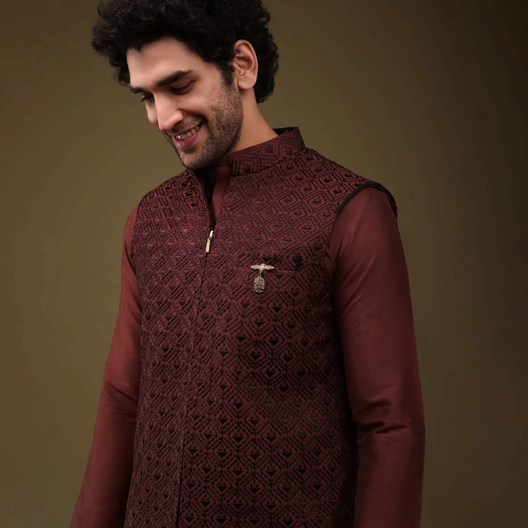 Carmine Red Festive Textured Bandi Jacket Set In Art Silk With Thread Embroidery And Front Zip