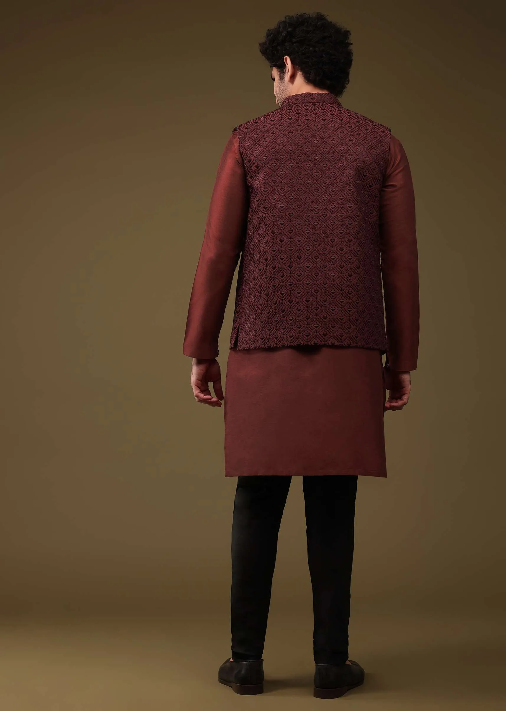 Carmine Red Festive Textured Bandi Jacket Set In Art Silk With Thread Embroidery And Front Zip