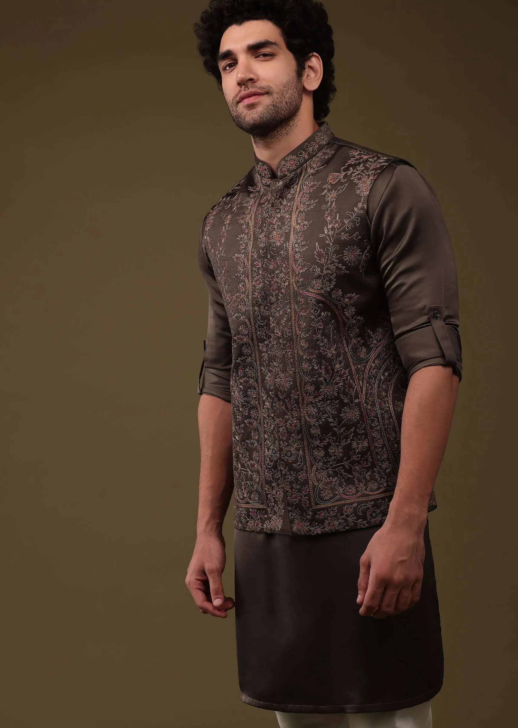 Chocolate Brown Festive Bandi Jacket Set In Silk With Heavy Thread-Embroidery
