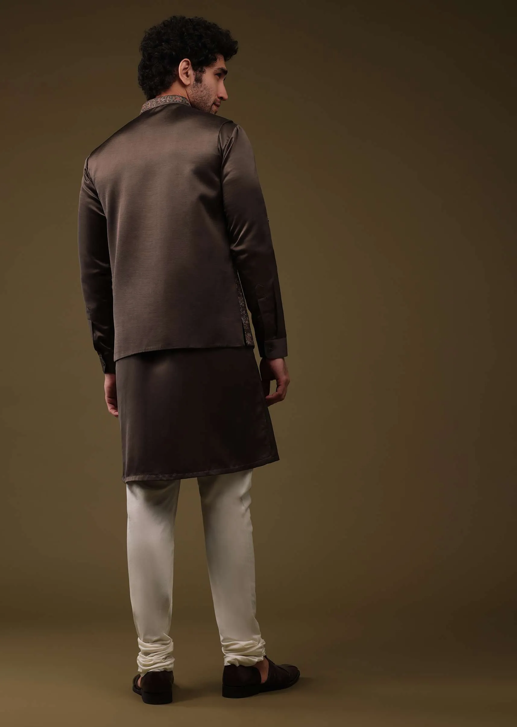 Chocolate Brown Festive Bandi Jacket Set In Silk With Heavy Thread-Embroidery