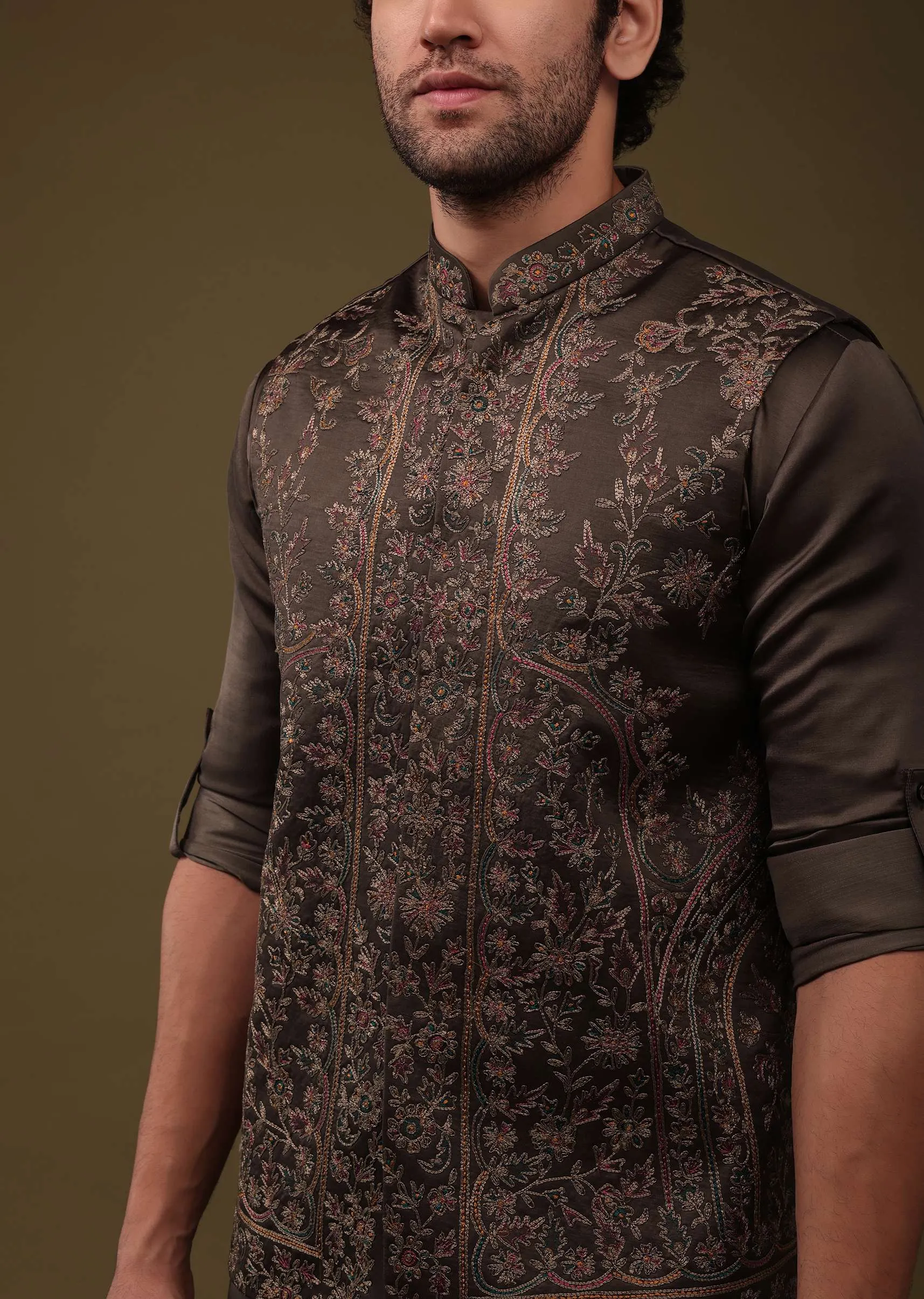Chocolate Brown Festive Bandi Jacket Set In Silk With Heavy Thread-Embroidery