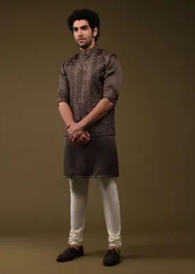 Chocolate Brown Festive Bandi Jacket Set In Silk With Heavy Thread-Embroidery