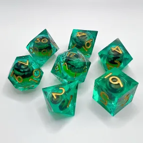 Dragon Eye Liquid Core Dice Set - Transparent Green w/ Gold