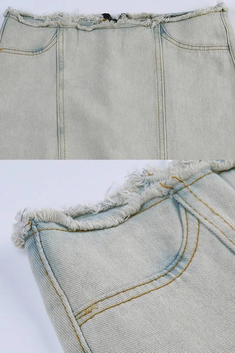 Fishtail slit raw edge low waist denim skirt