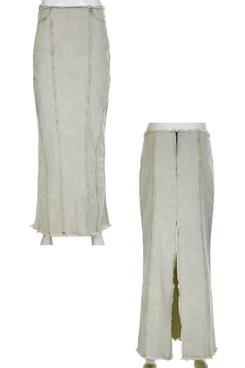Fishtail slit raw edge low waist denim skirt