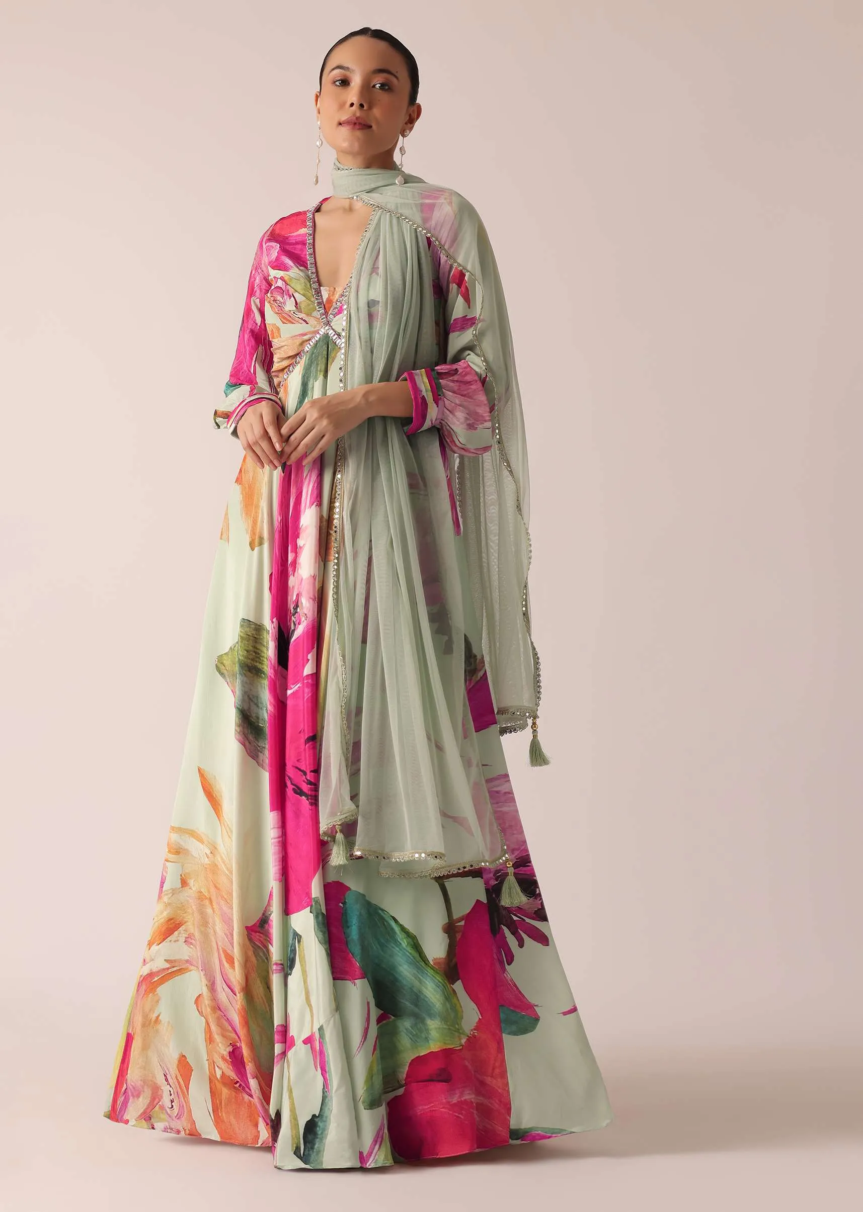Green Printed Anarkali Set With Floral Motifs