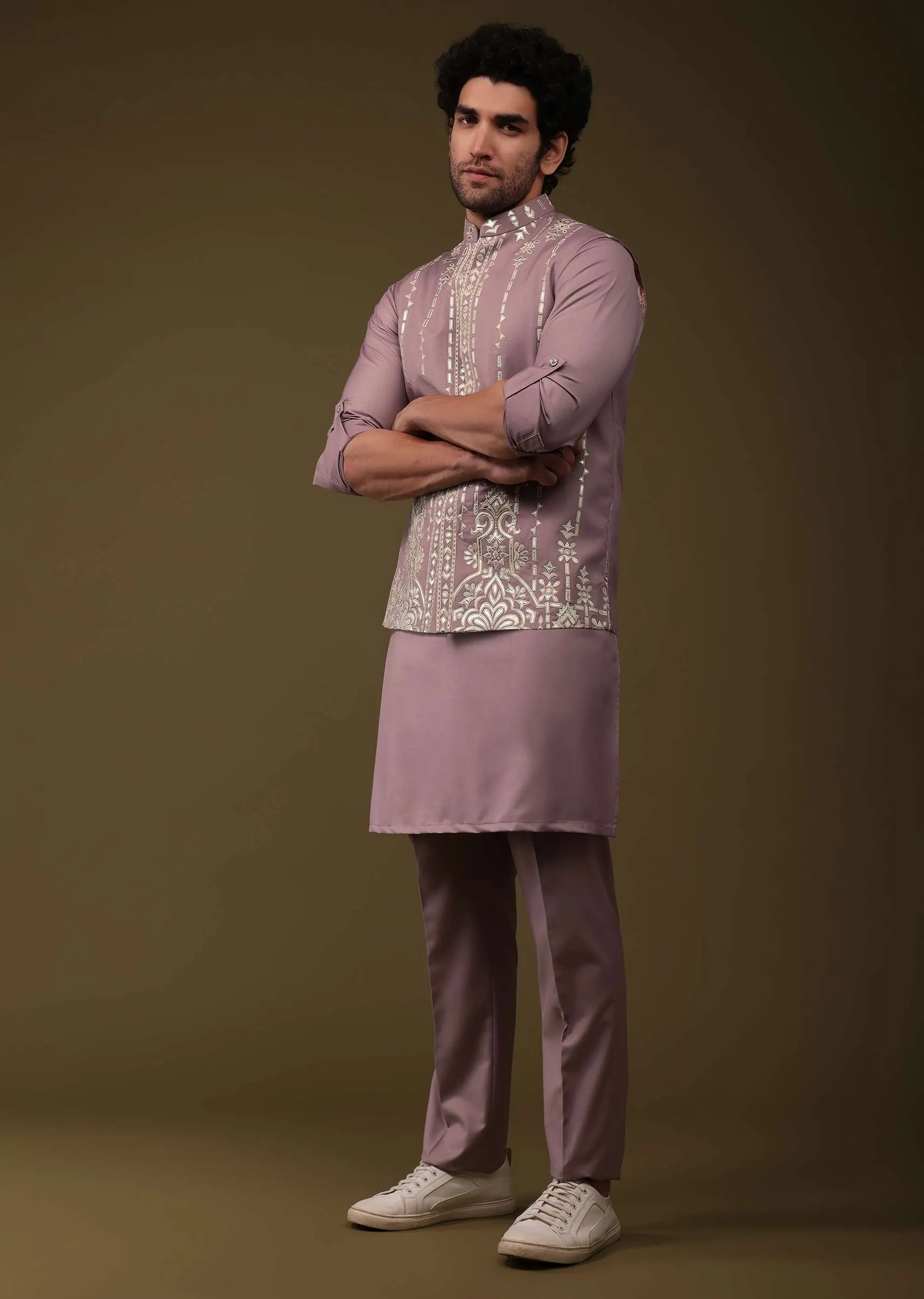 Lavender Purple Festive Bandi Jacket Set In Silk With Threadwork And Embroidery