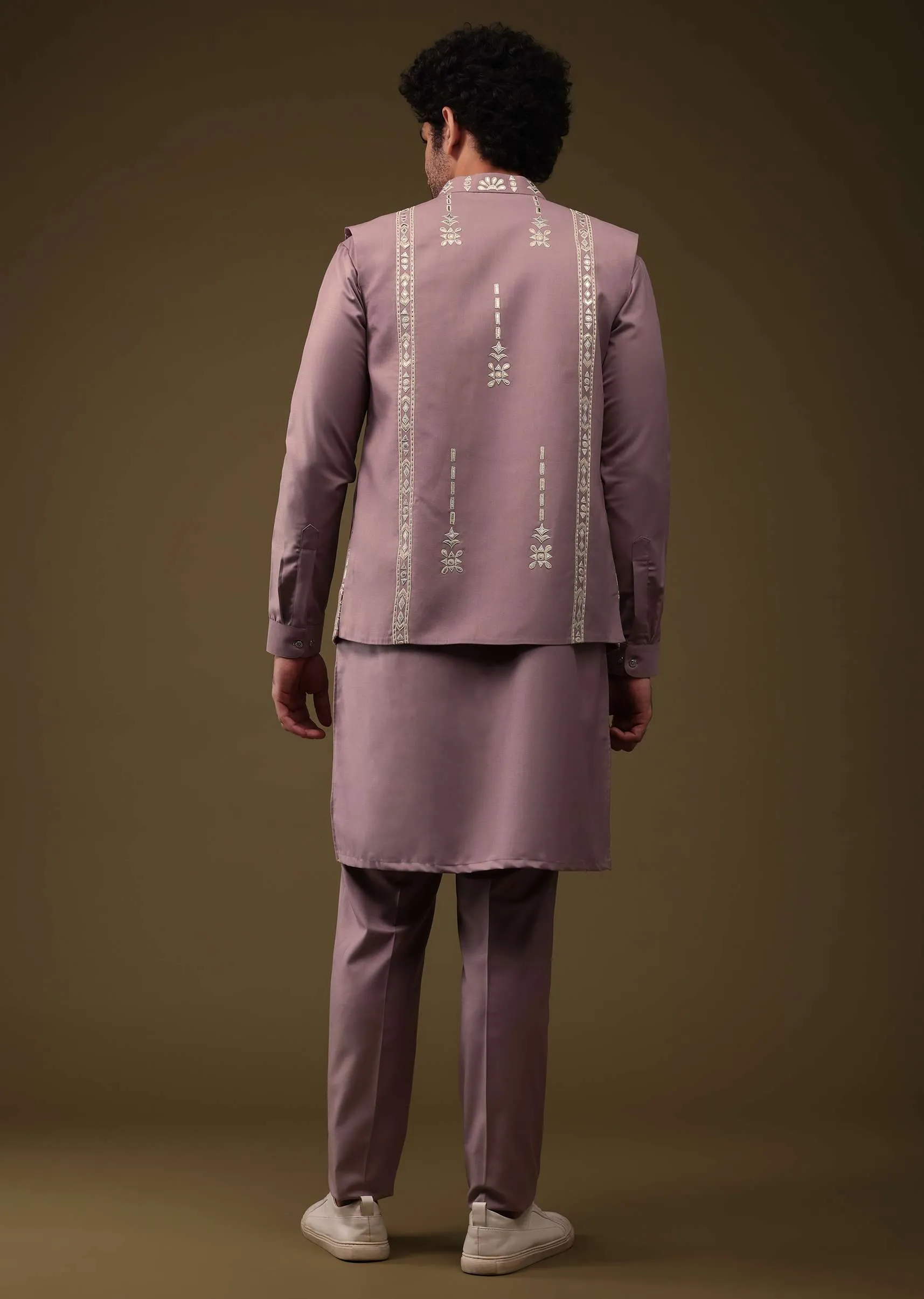 Lavender Purple Festive Bandi Jacket Set In Silk With Threadwork And Embroidery