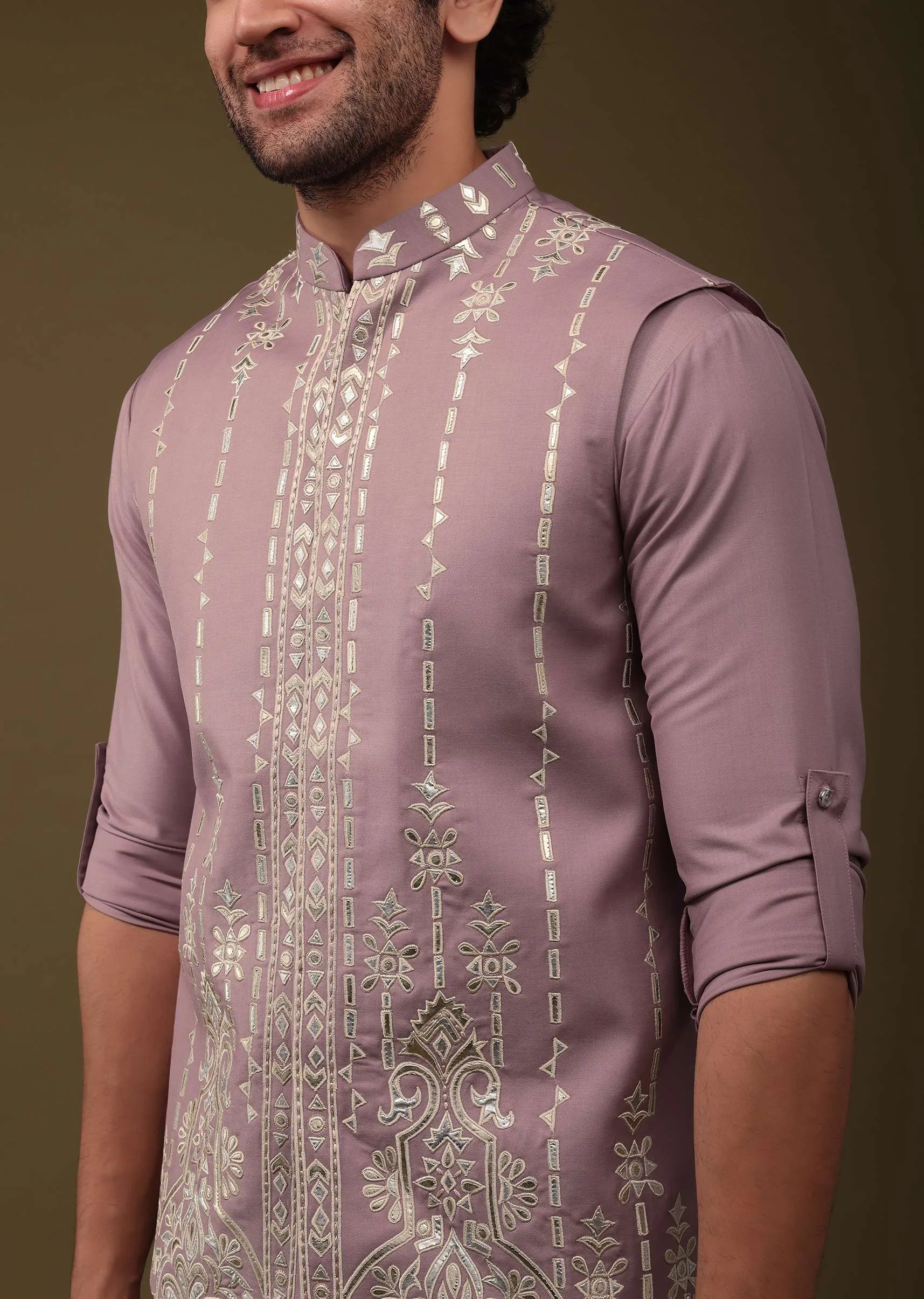 Lavender Purple Festive Bandi Jacket Set In Silk With Threadwork And Embroidery