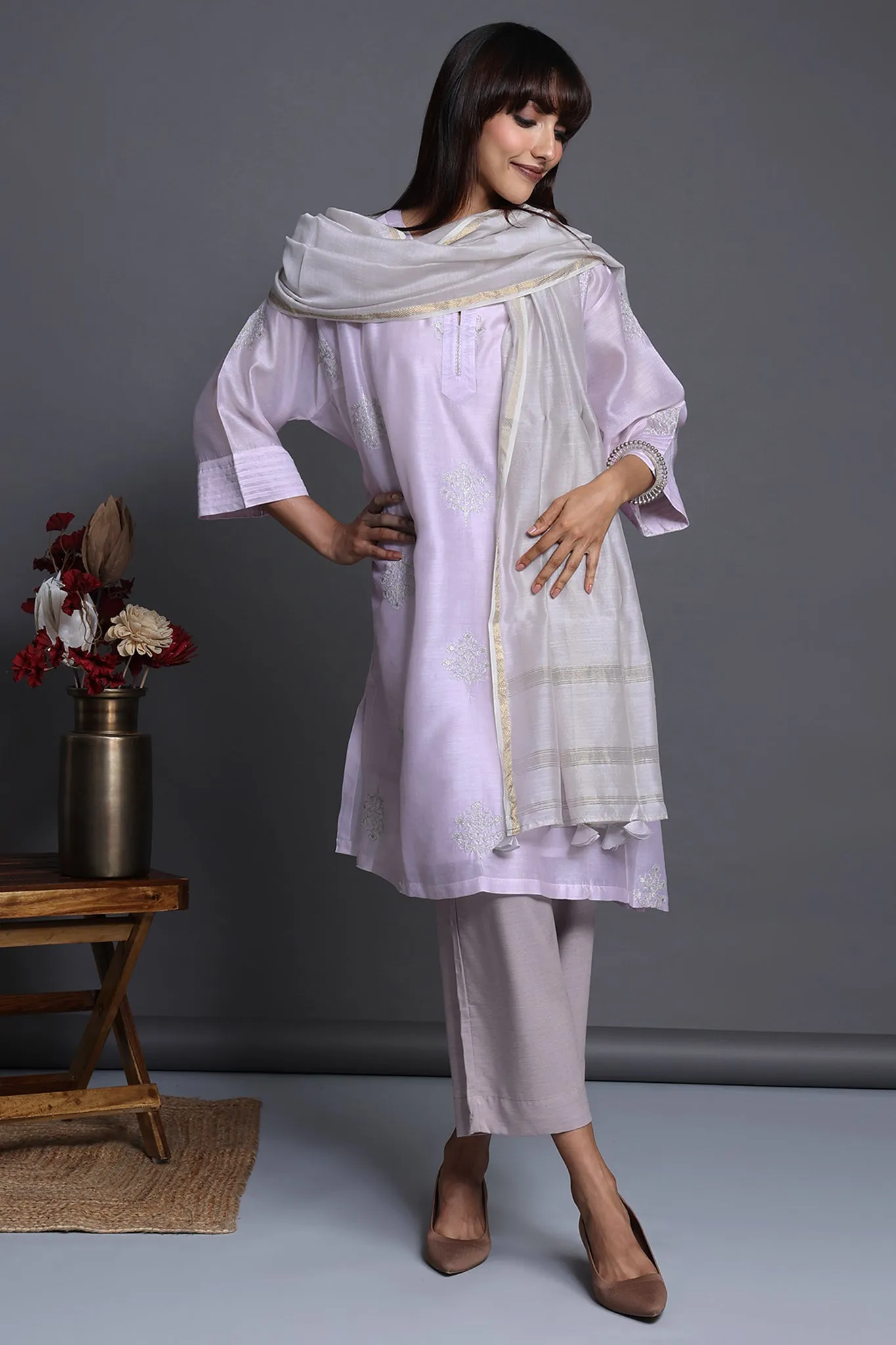 leisure chanderi silk kalidar tunic - blushing rose & silvery blooms