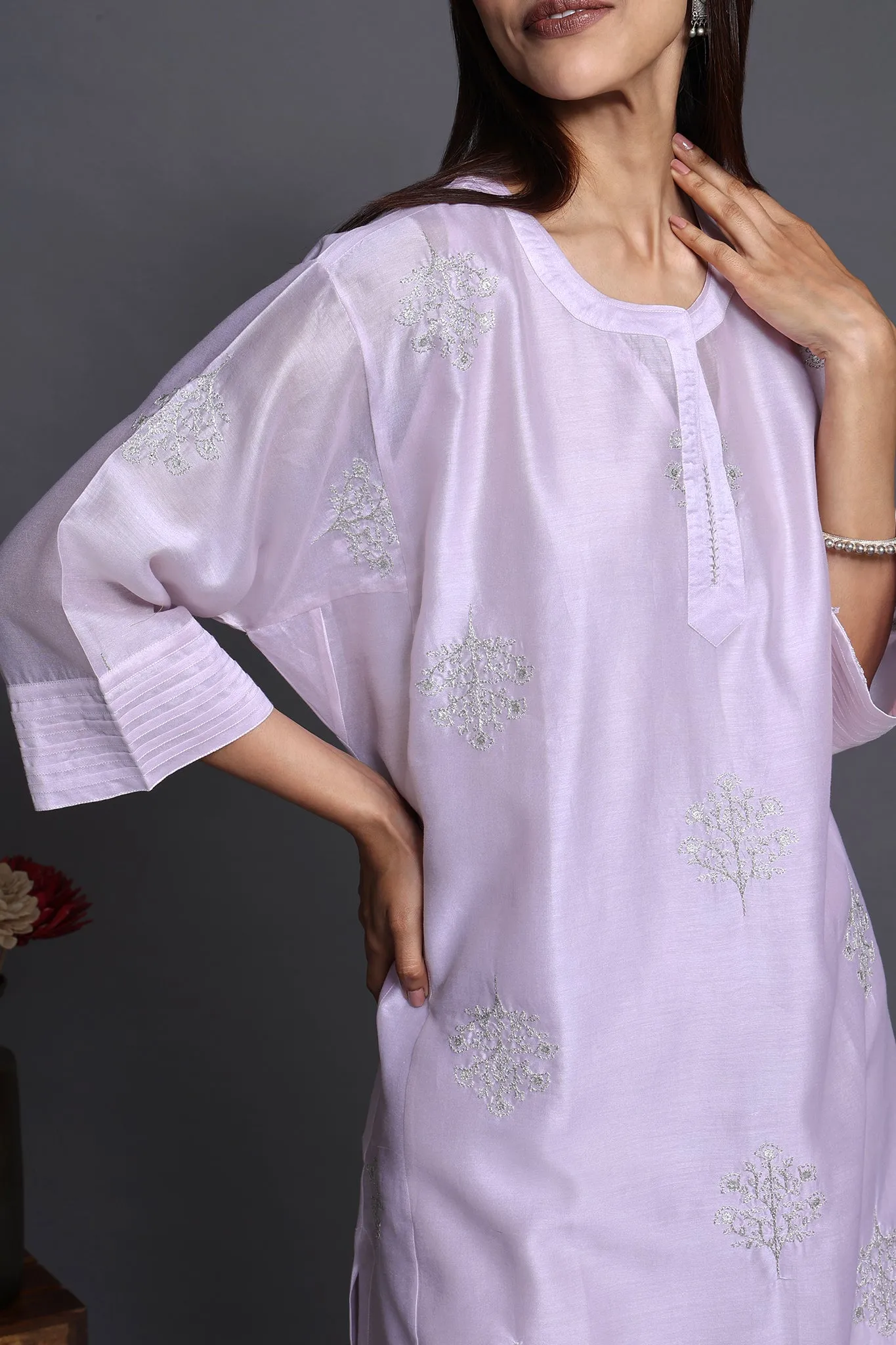 leisure chanderi silk kalidar tunic - blushing rose & silvery blooms