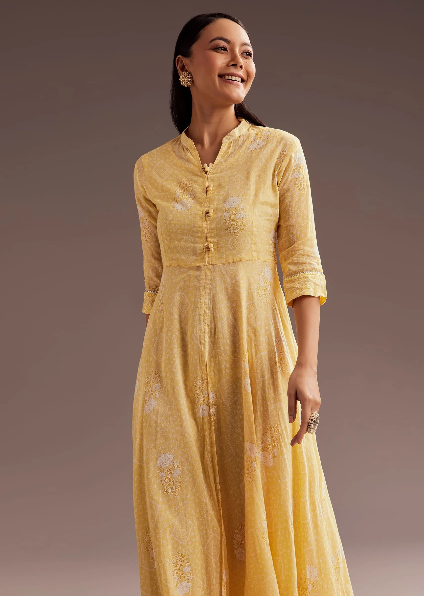 Light Yellow Floral Print Cotton Long Kurti