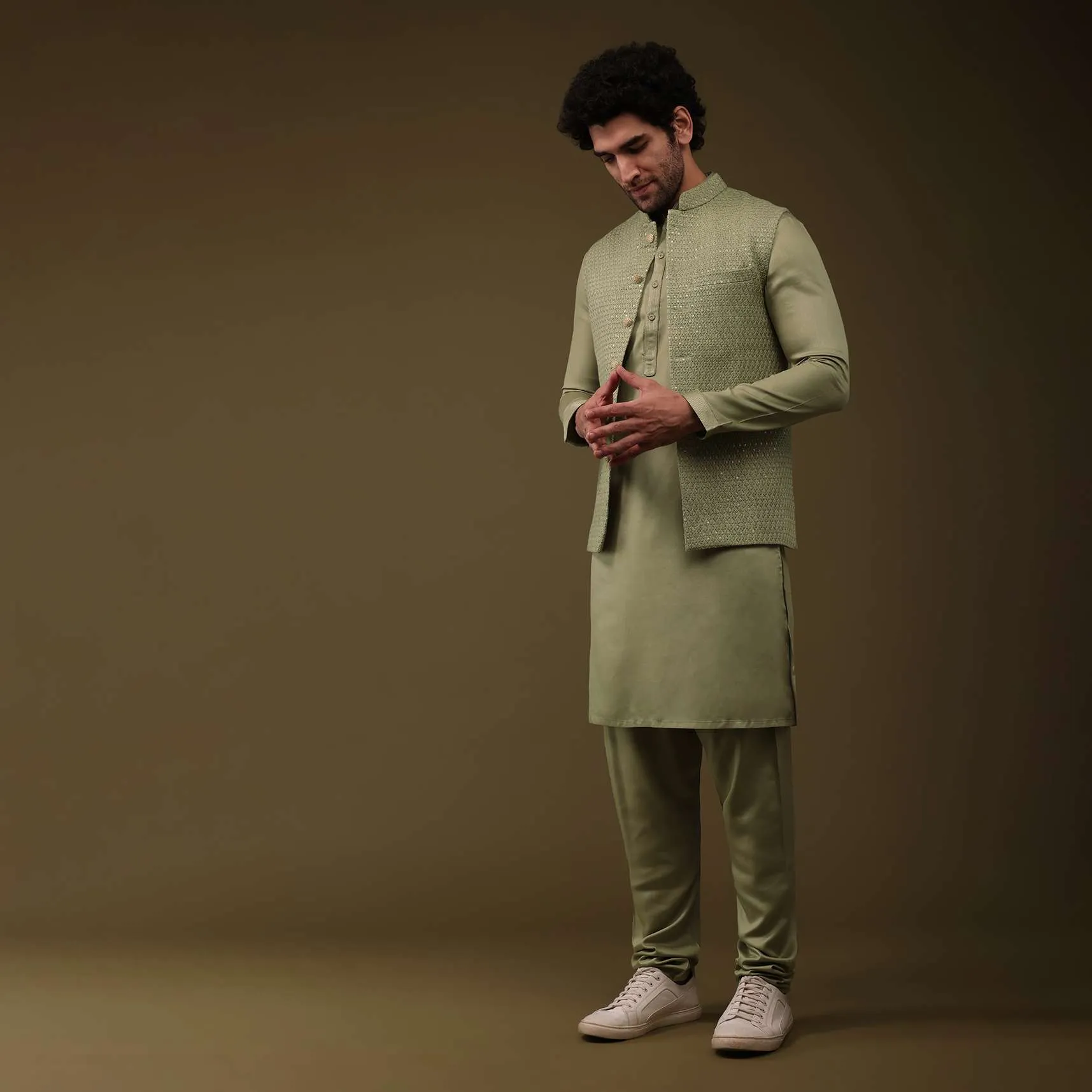 Mehendi Green Festive Textured Bandi Jacket Set In Silk With Sequins Embroidery