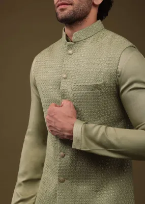 Mehendi Green Festive Textured Bandi Jacket Set In Silk With Sequins Embroidery