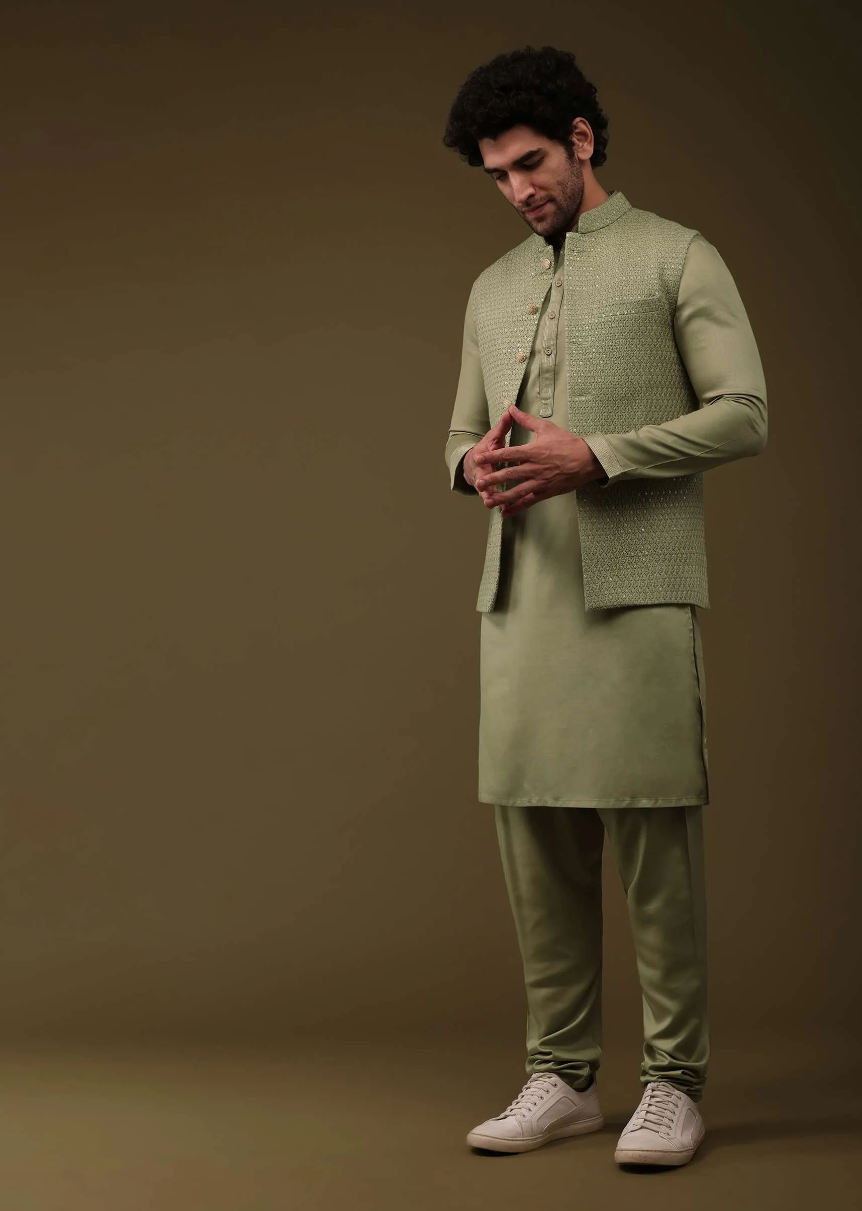 Mehendi Green Festive Textured Bandi Jacket Set In Silk With Sequins Embroidery