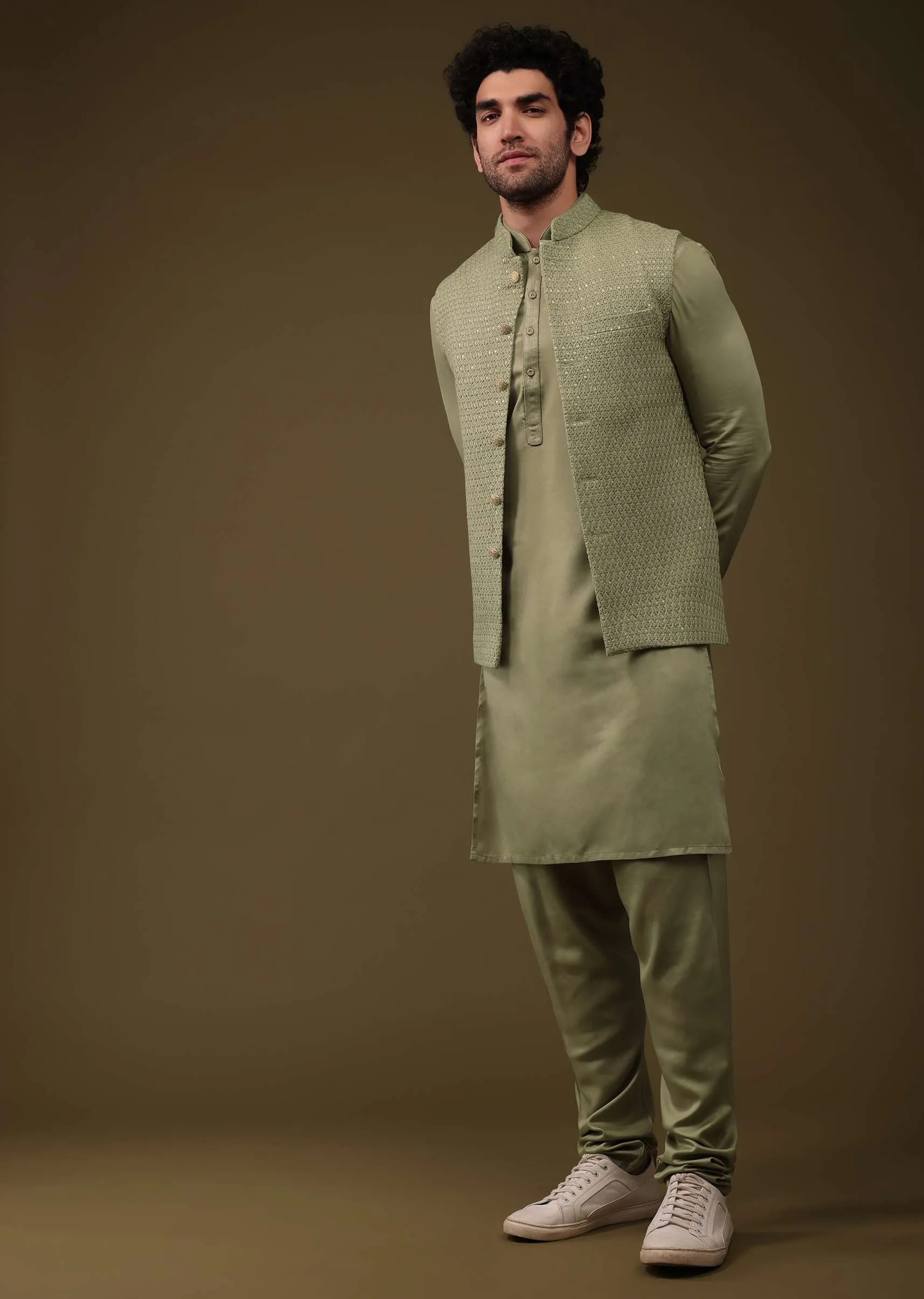 Mehendi Green Festive Textured Bandi Jacket Set In Silk With Sequins Embroidery