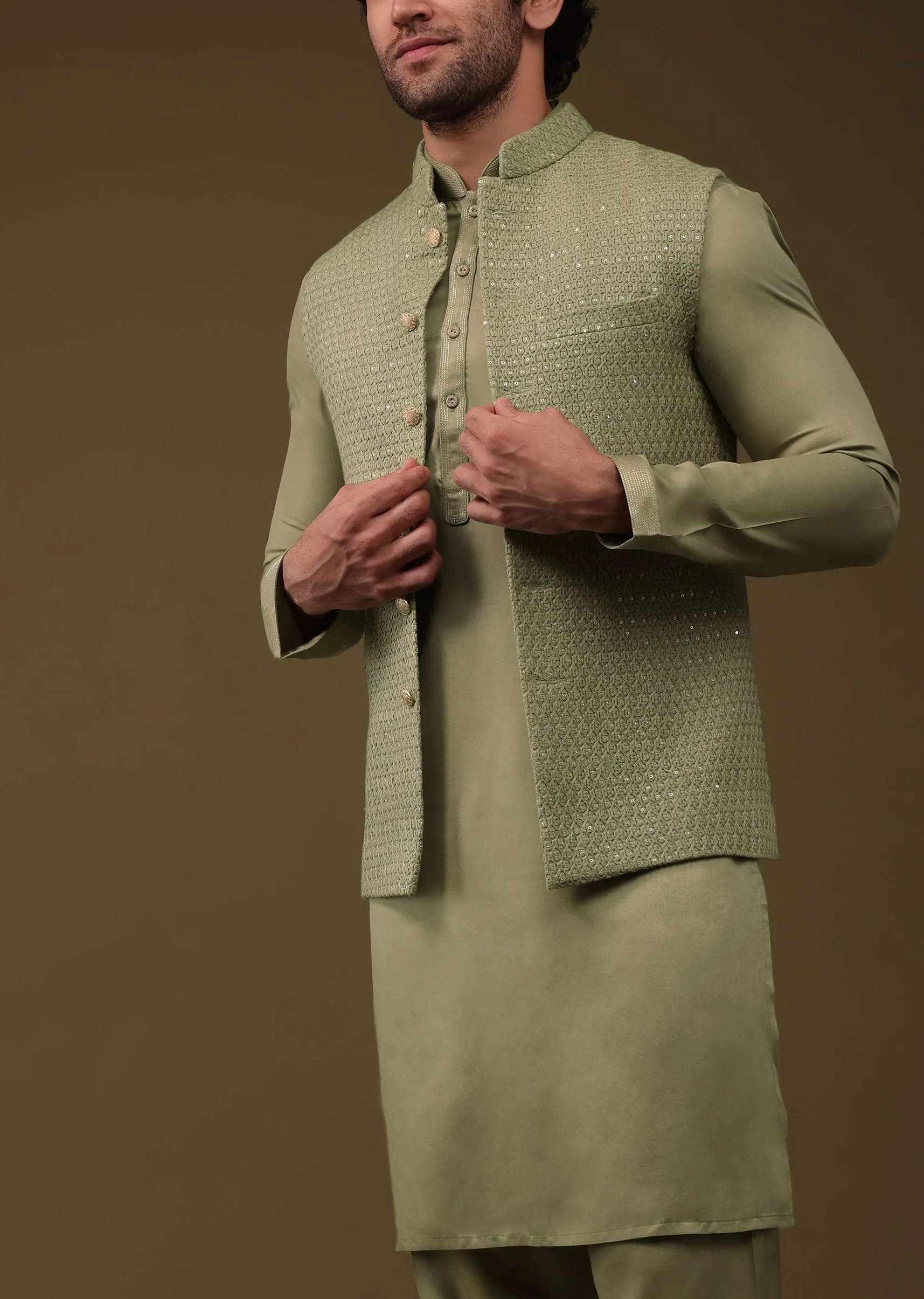 Mehendi Green Festive Textured Bandi Jacket Set In Silk With Sequins Embroidery