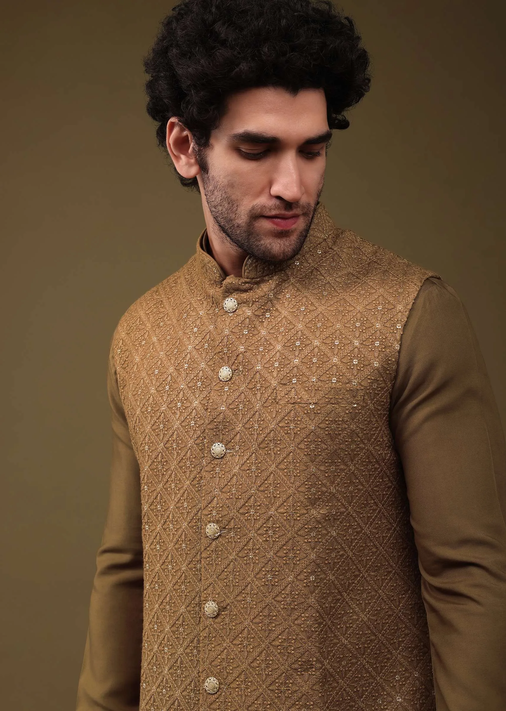 Mocha Brown Festive Textured Bandi Jacket Set In Silk With Sequins Embroidery