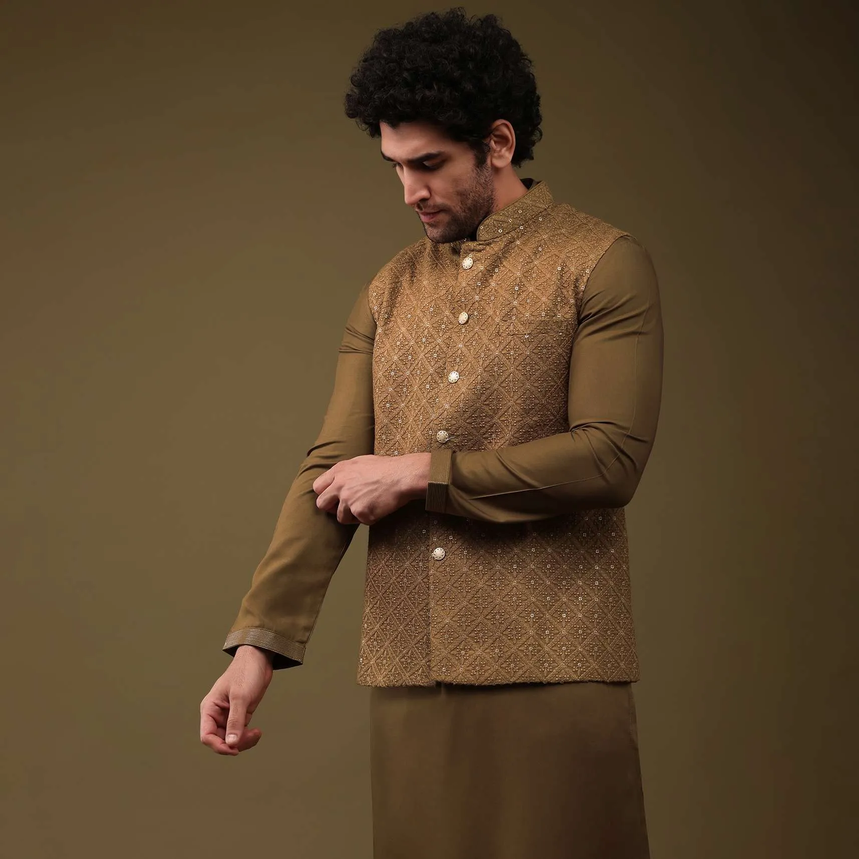 Mocha Brown Festive Textured Bandi Jacket Set In Silk With Sequins Embroidery