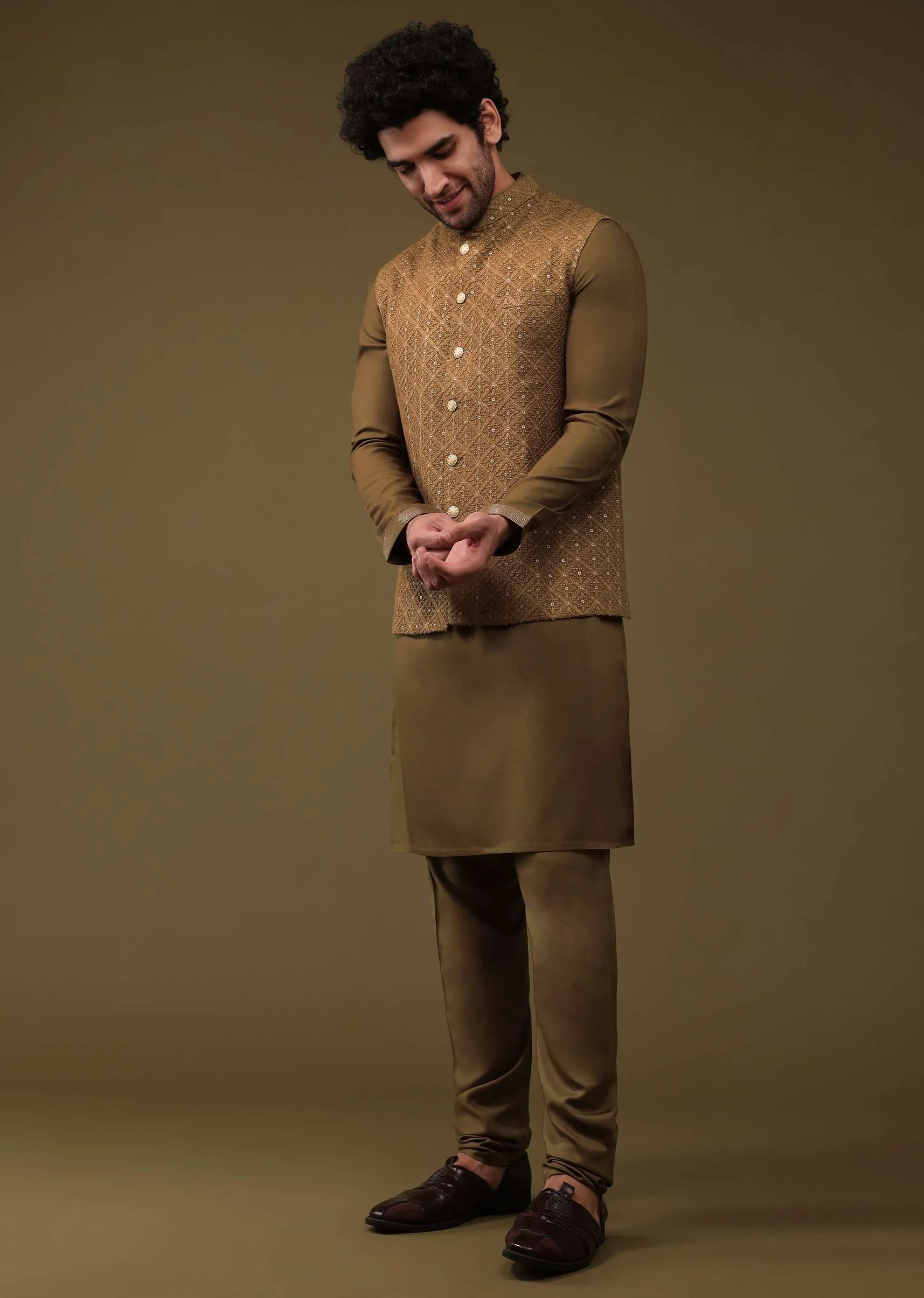 Mocha Brown Festive Textured Bandi Jacket Set In Silk With Sequins Embroidery