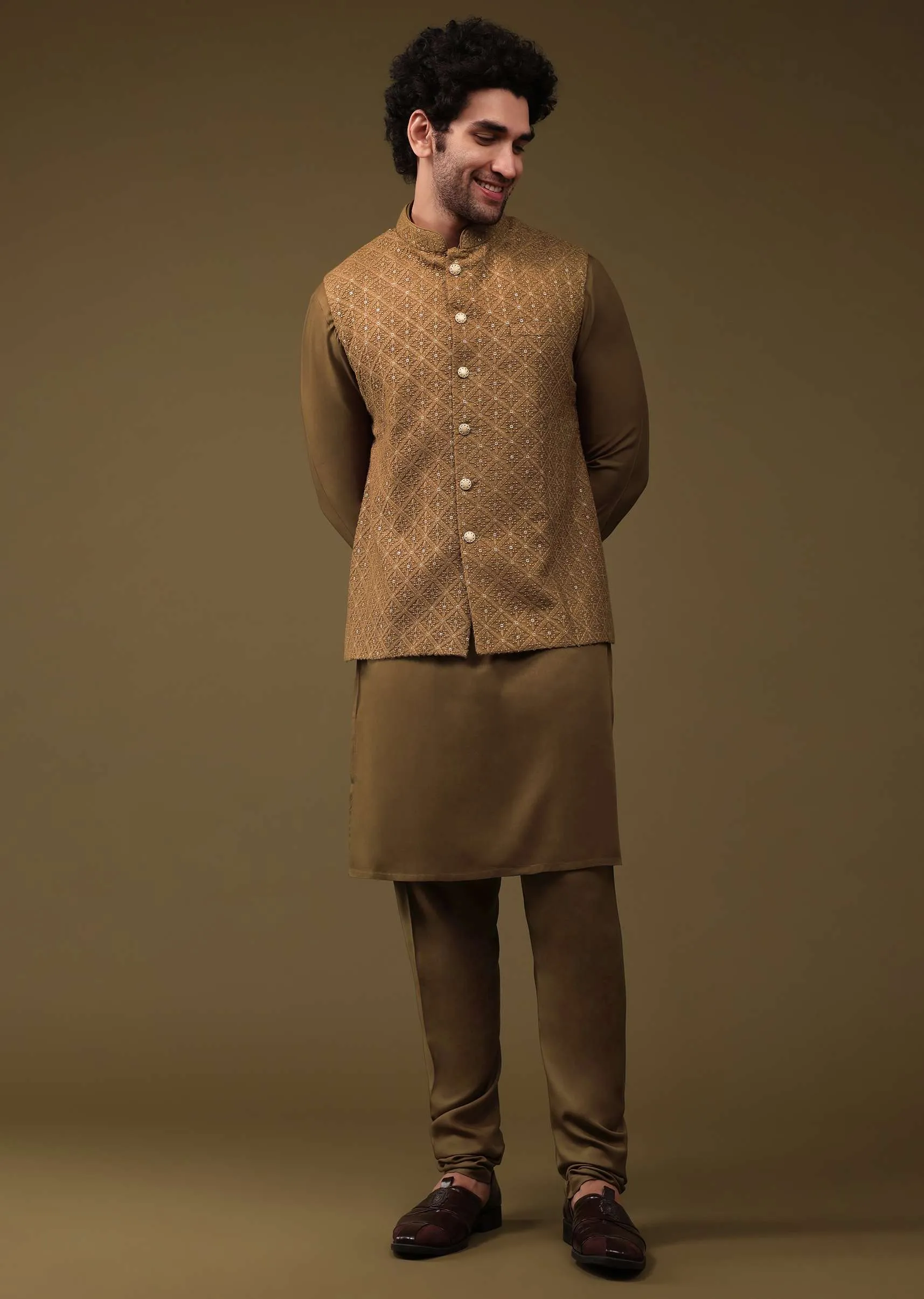 Mocha Brown Festive Textured Bandi Jacket Set In Silk With Sequins Embroidery