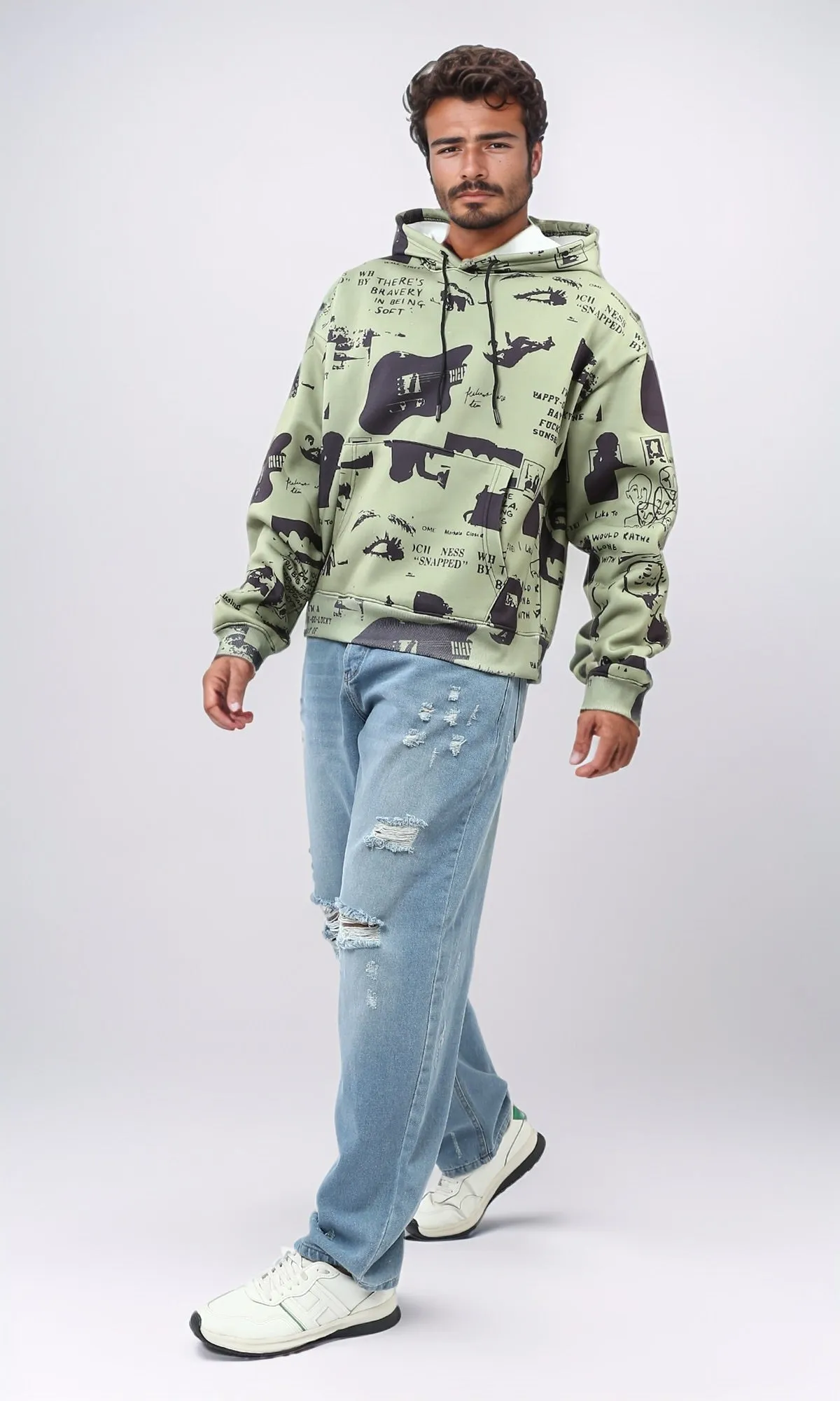 o197316 - Slip On Hoodie with Kangaroo Pocket - Olive & Black