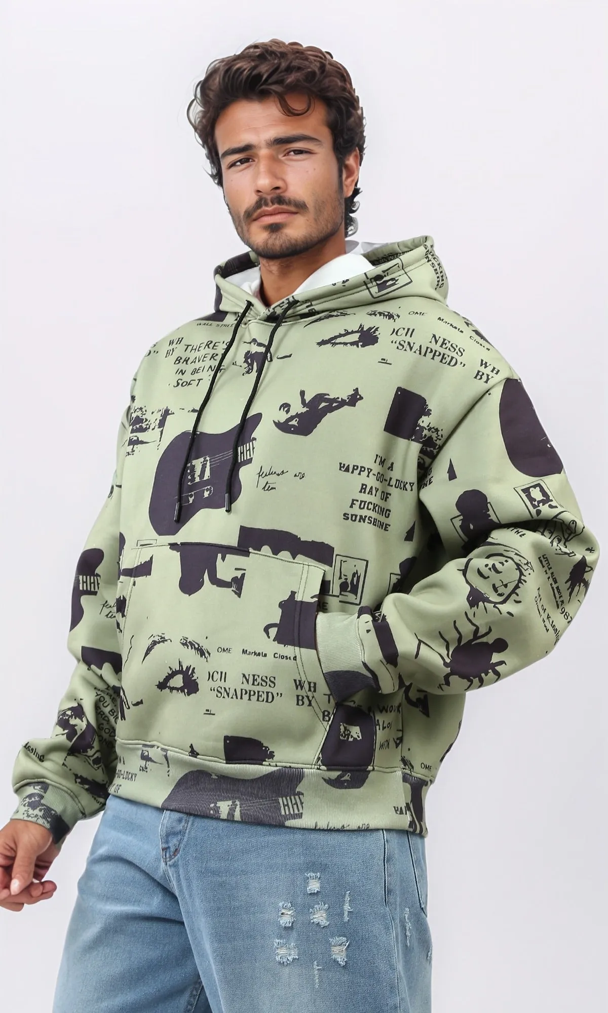 o197316 - Slip On Hoodie with Kangaroo Pocket - Olive & Black