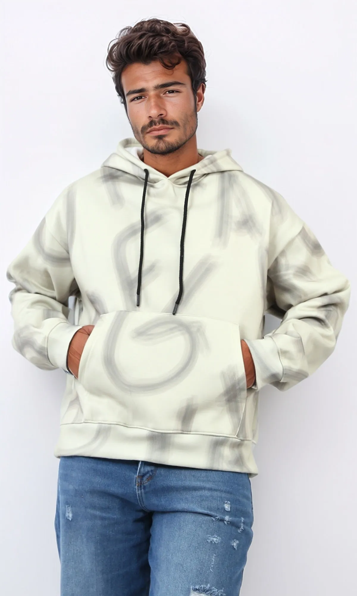 o197317 - Multipattern Fleece Hoodie with Long Sleeves - Beige & Black
